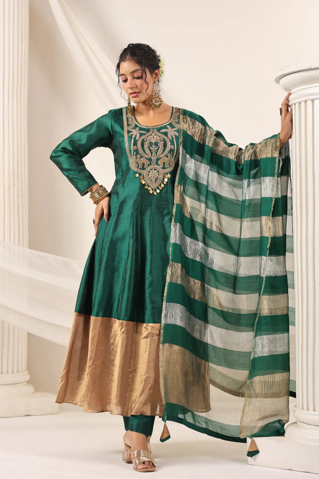 Emerald Green Raw Silk Anarkali Salwar Suit With Heavy Embroidery & Rich Duaptta - Image 4