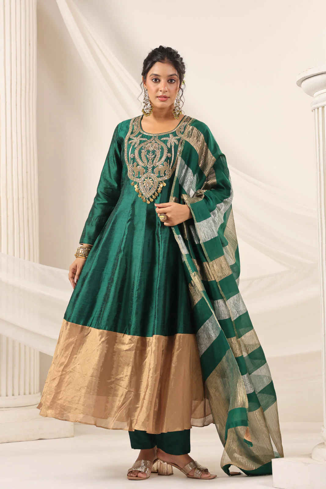 Emerald Green Raw Silk Anarkali Salwar Suit With Heavy Embroidery & Rich Duaptta - Image 5