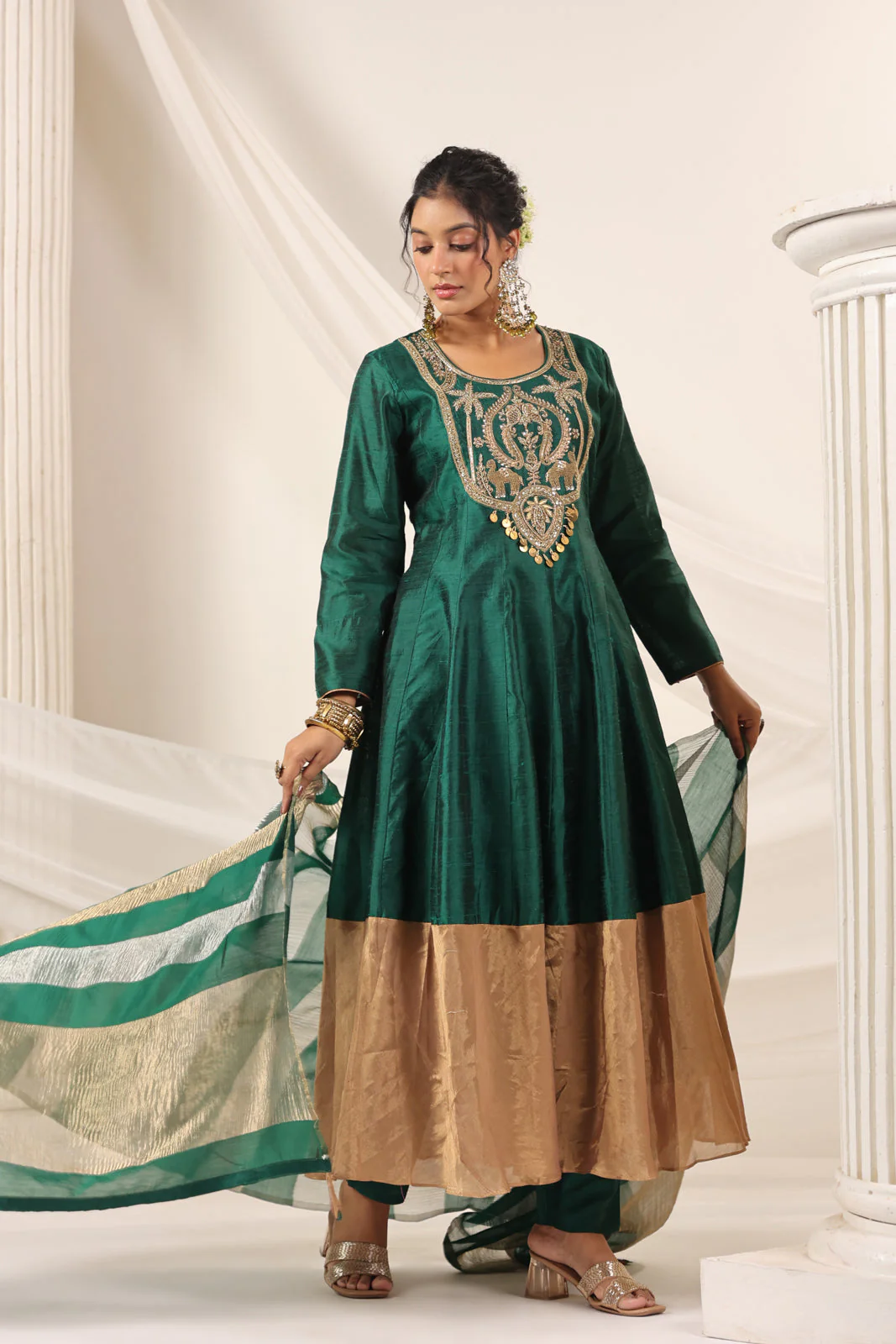 Emerald Green Raw Silk Anarkali Salwar Suit With Heavy Embroidery & Rich Duaptta - Image 6