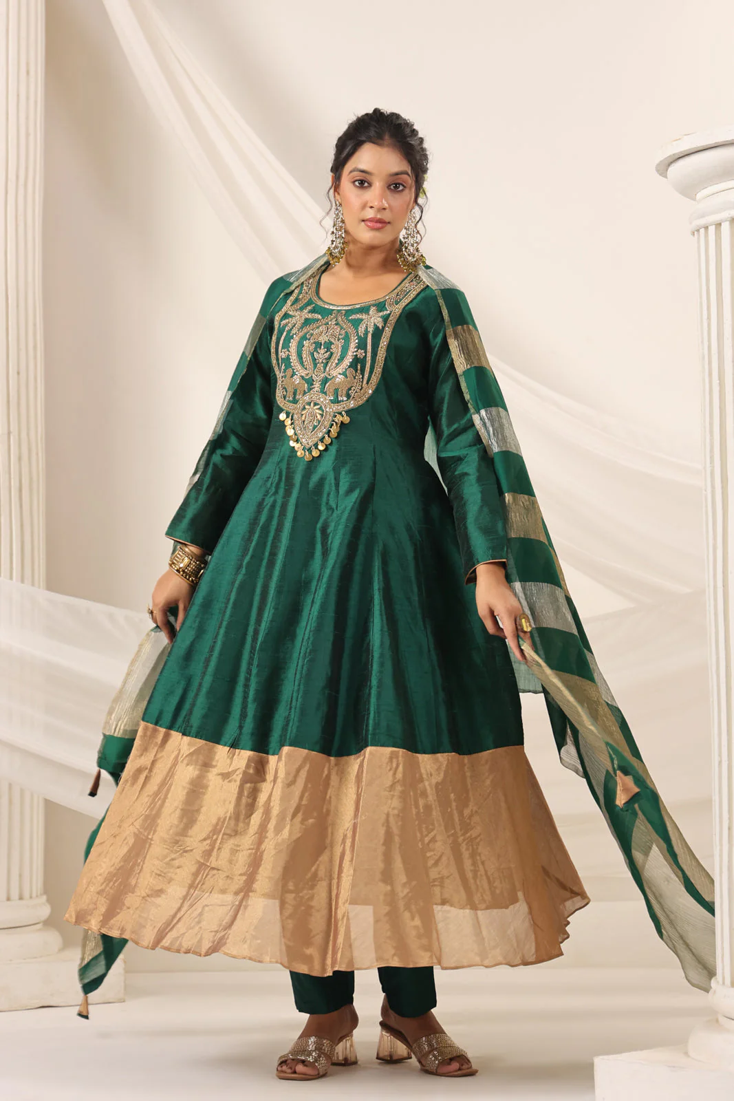 Emerald Green Raw Silk Anarkali Salwar Suit With Heavy Embroidery & Rich Duaptta - Image 7