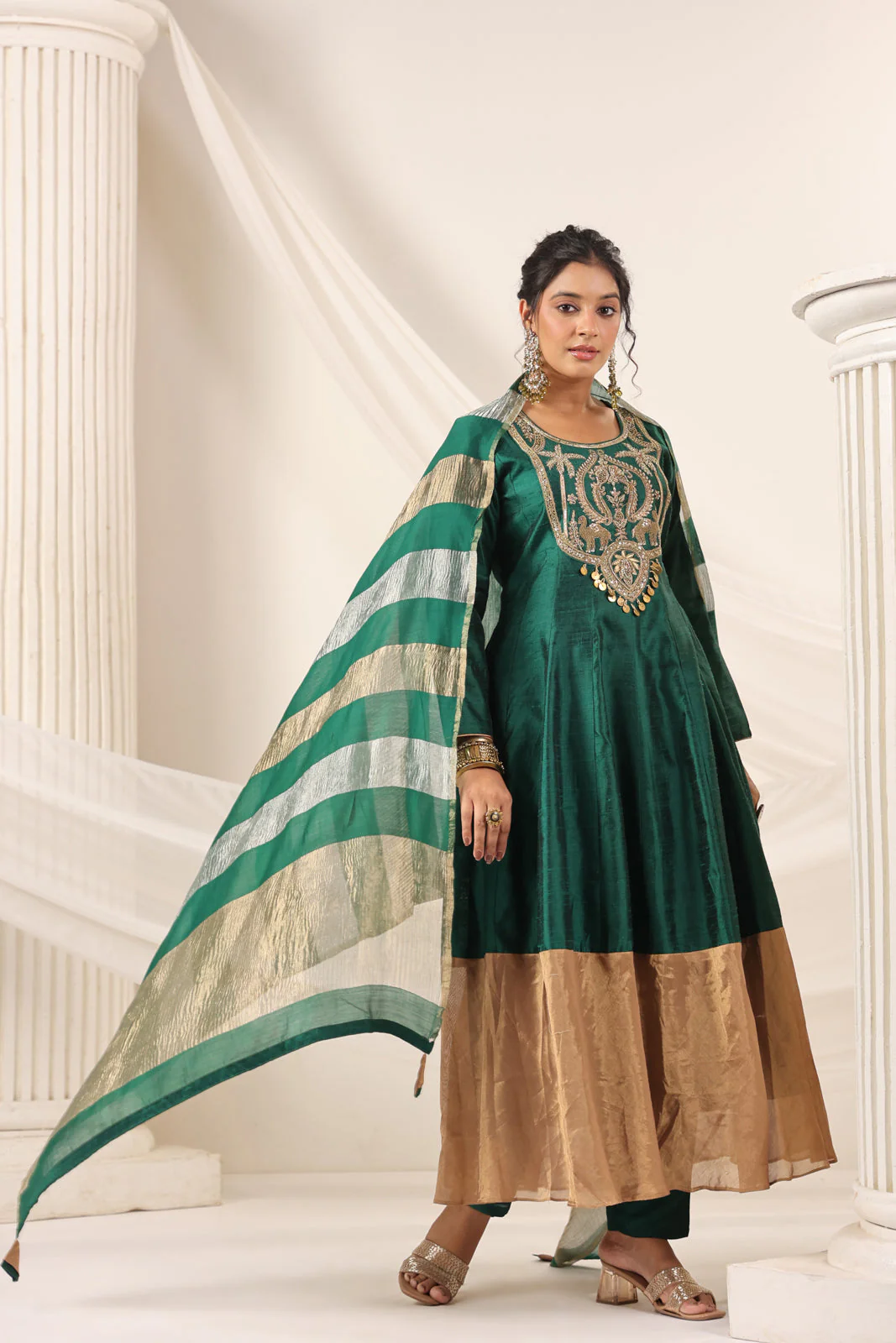 Emerald Green Raw Silk Anarkali Salwar Suit With Heavy Embroidery & Rich Duaptta - Image 8