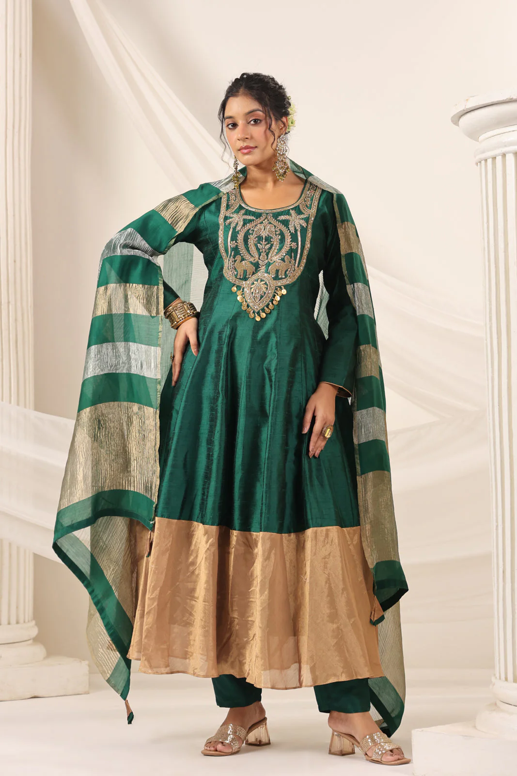 Emerald Green Raw Silk Anarkali Salwar Suit With Heavy Embroidery & Rich Duaptta - Image 9