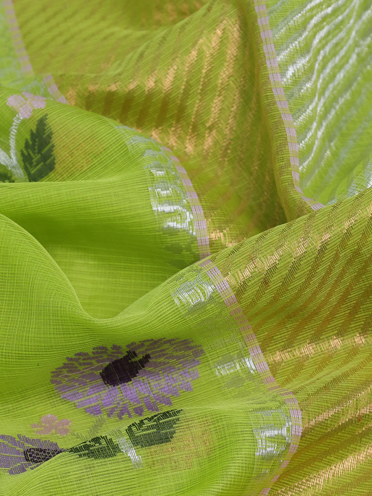 Fluorescent Green -Light Pink Kota Cotton Real Zari Saree - Image 3