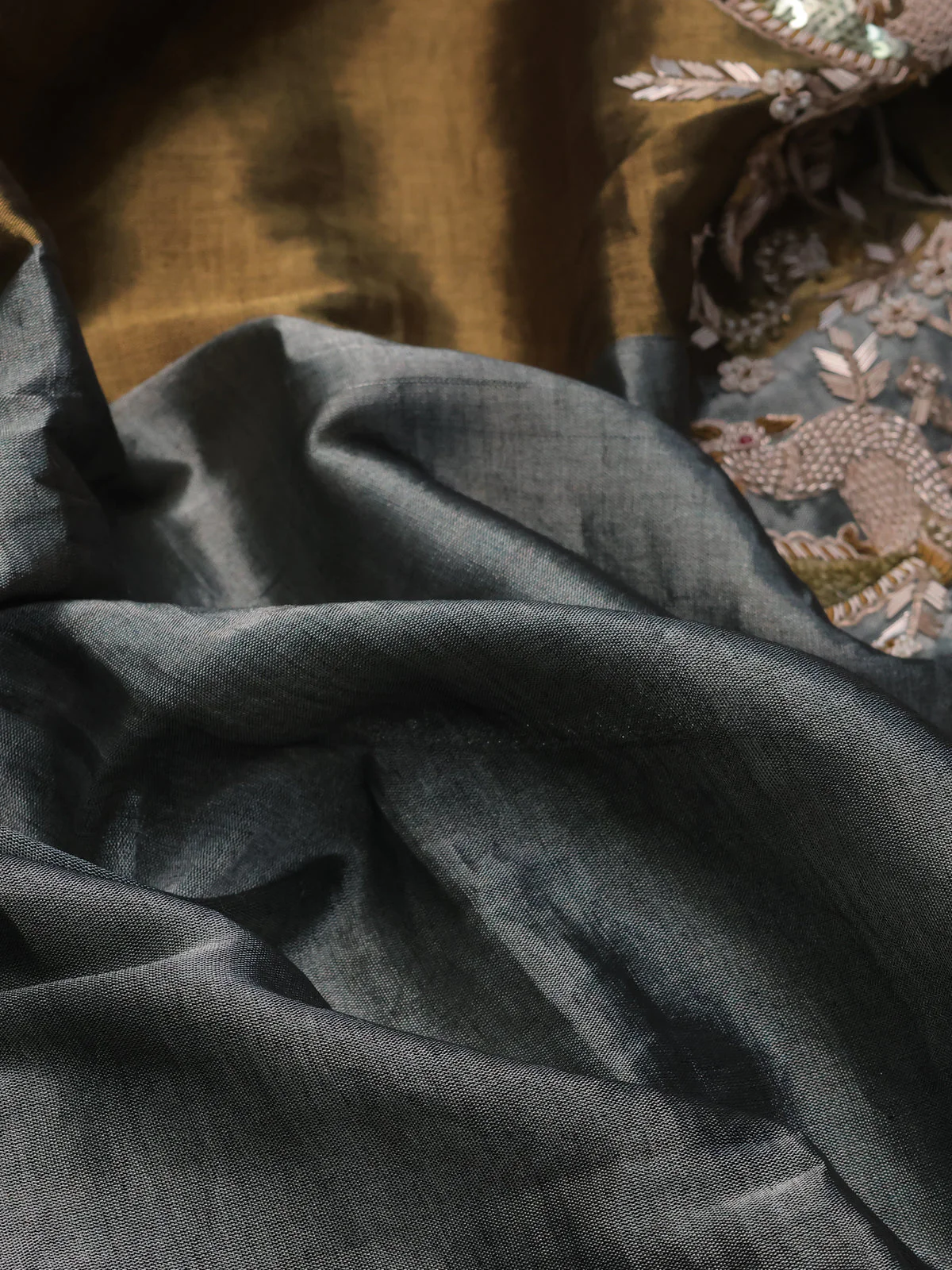 Gold-Grey Black Tissue Silk Saree With Zardosi Work - Image 3