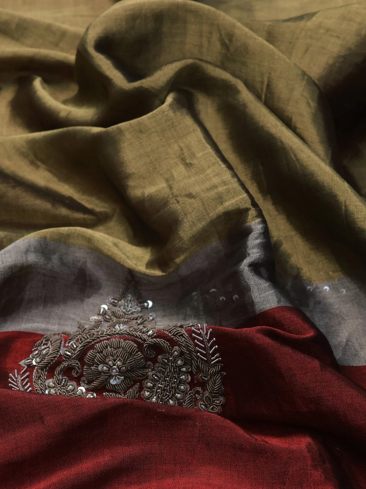 Gold-Maroon Tissue Silk Saree With Zardosi Work - Image 3