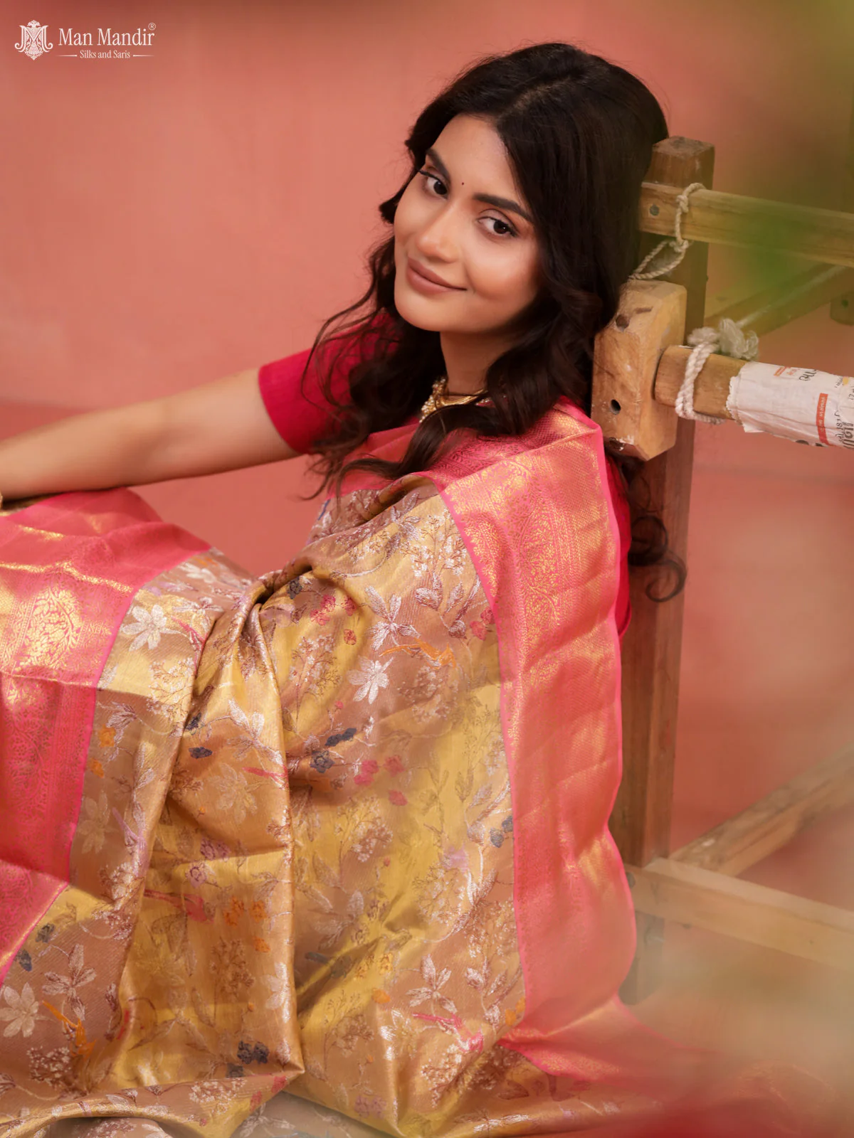 Gold - Peach Pink Kanchipuram Tissue Silk Saree - Image 6
