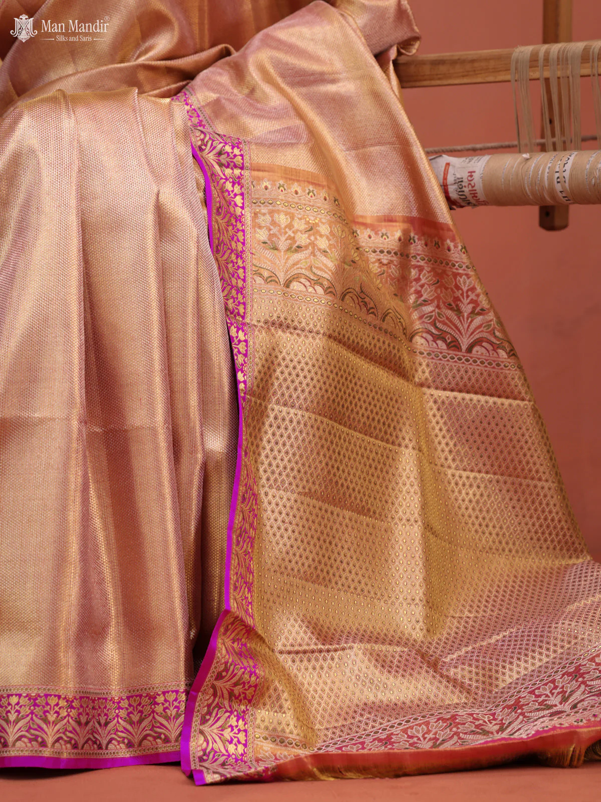 Gold - Pink Kanchipuram Tissue Silk Saree - Image 3