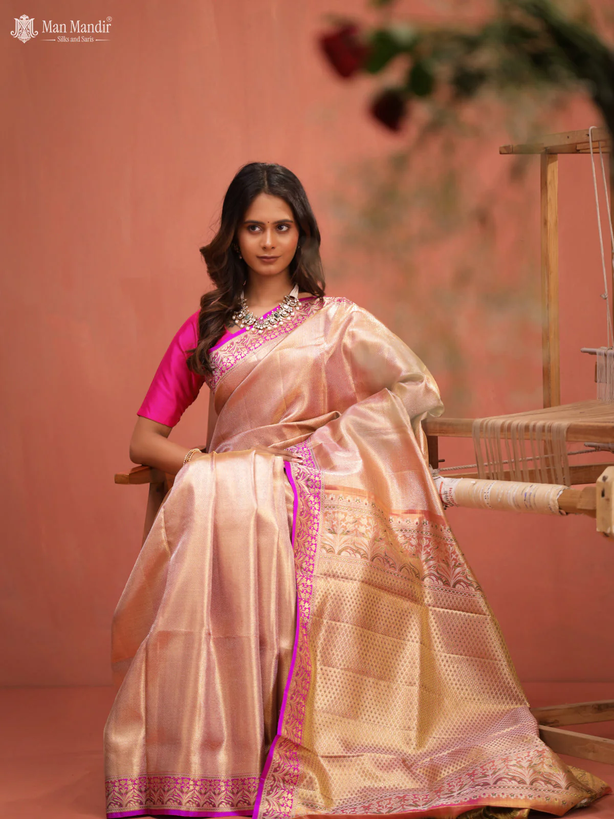 Gold - Pink Kanchipuram Tissue Silk Saree - Image 4