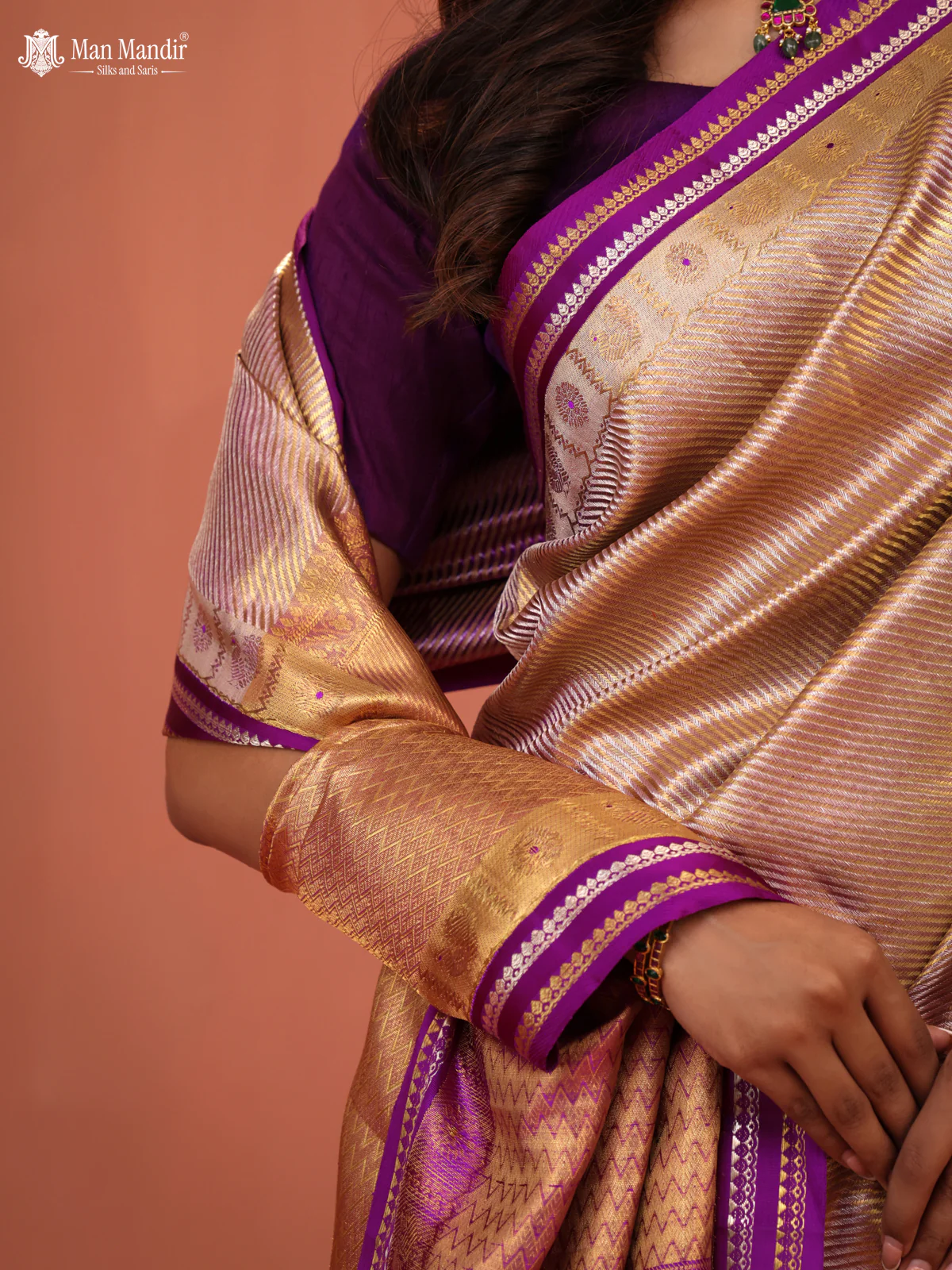 Gold-Purple Kanchipuram Tissue Silk Saree - Image 3