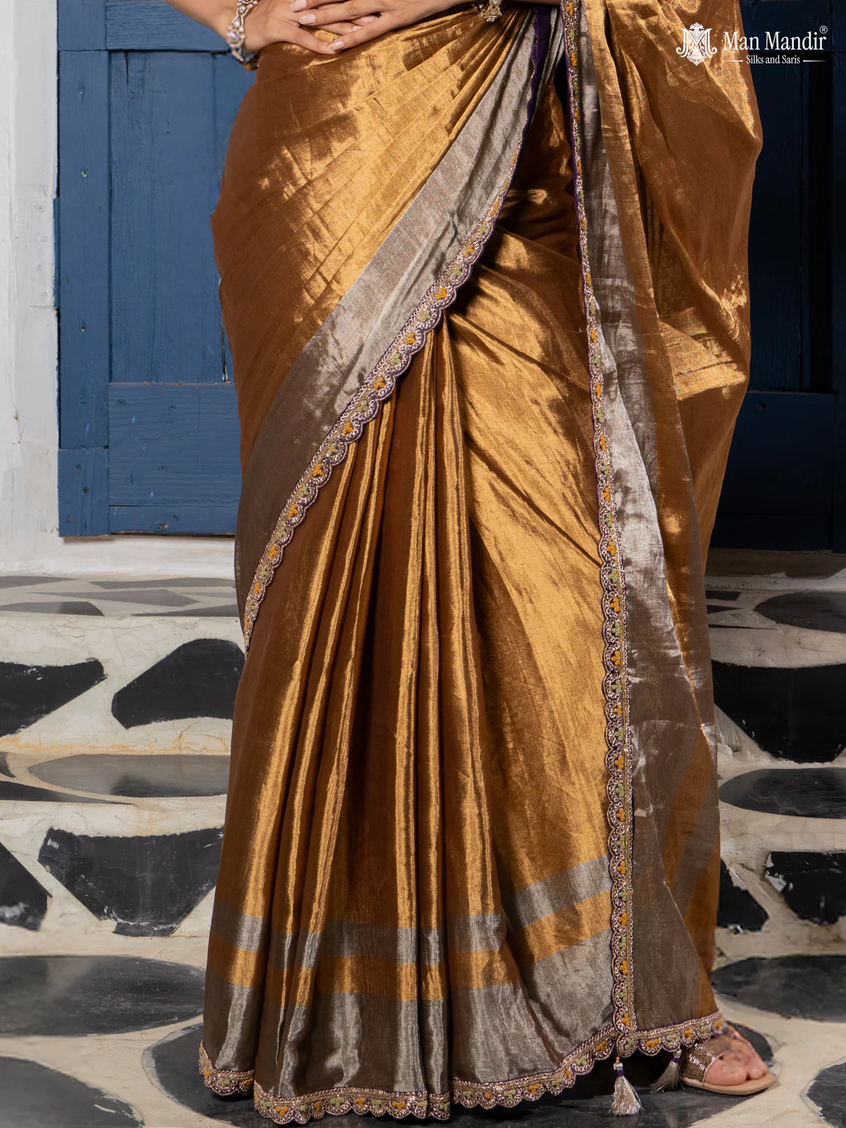 Gold-Silver Tissue Saree With Embroidery Readymade Blouse - Image 3