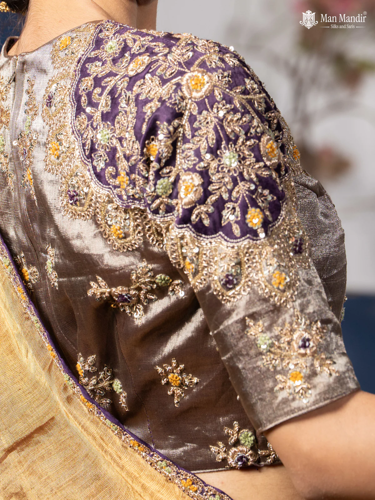 Gold-Silver Tissue Saree With Embroidery Readymade Blouse - Image 6