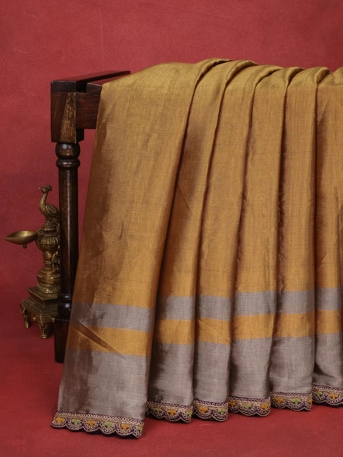 Gold-Silver Tissue Saree With Embroidery Readymade Blouse - Image 7