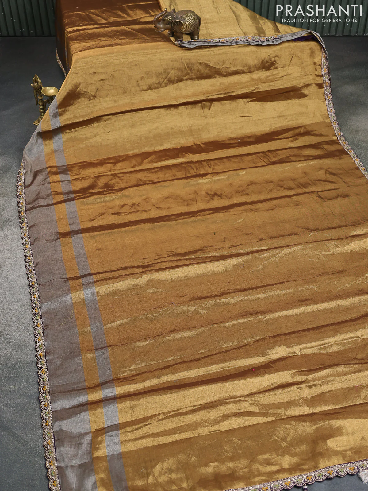 Gold-Silver Tissue Saree With Embroidery Readymade Blouse - Image 8