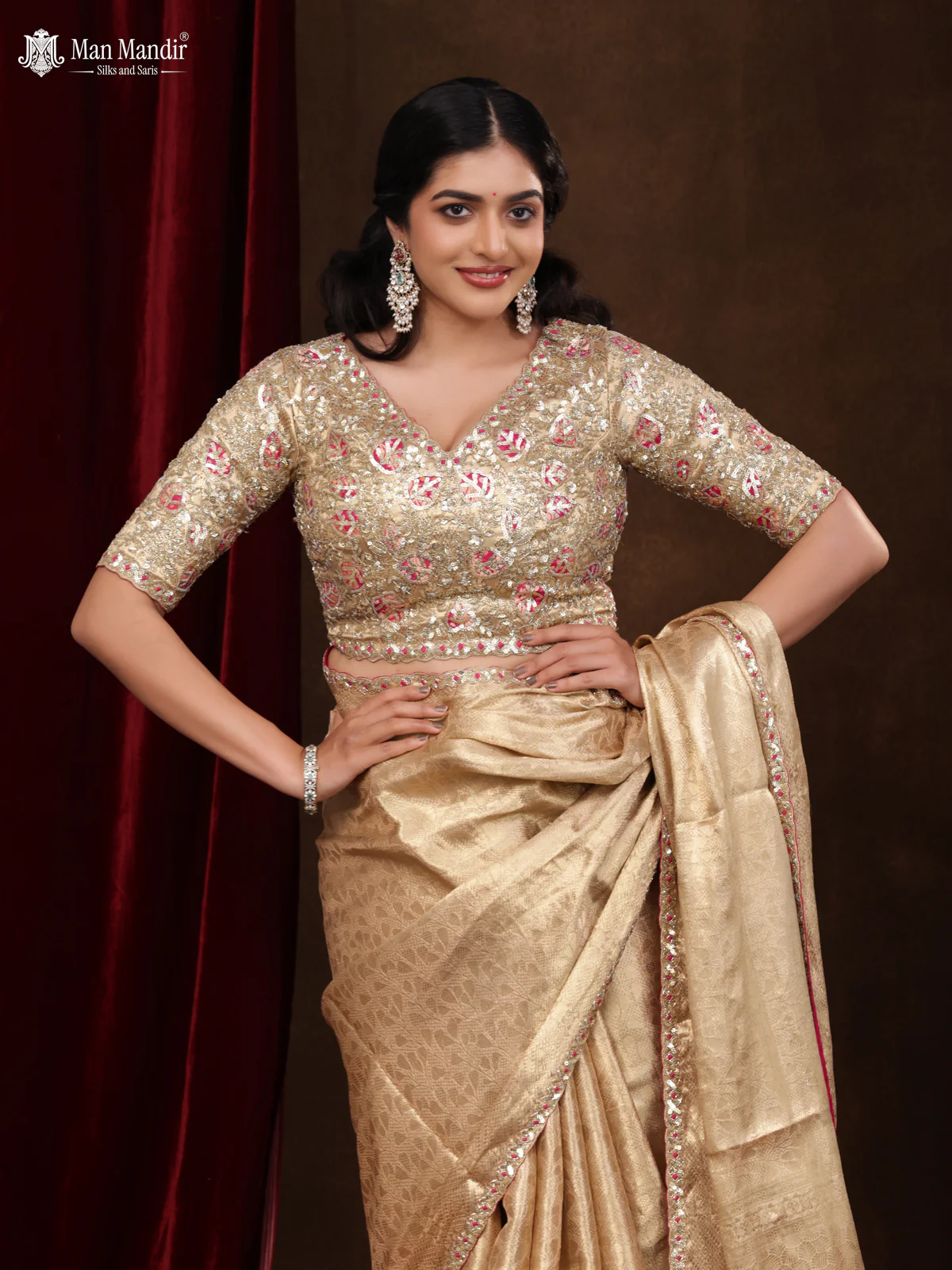 Golden Banarasi Tissue Saree With Embroidery Readymade Blouse - Image 4