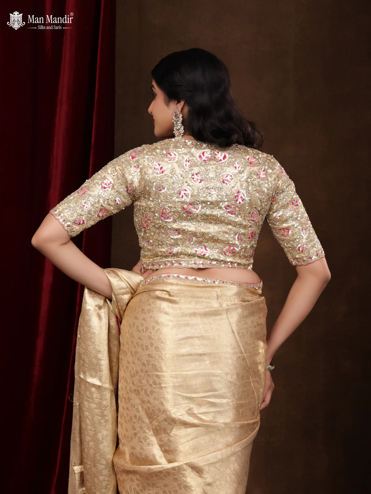 Golden Banarasi Tissue Saree With Embroidery Readymade Blouse - Image 5