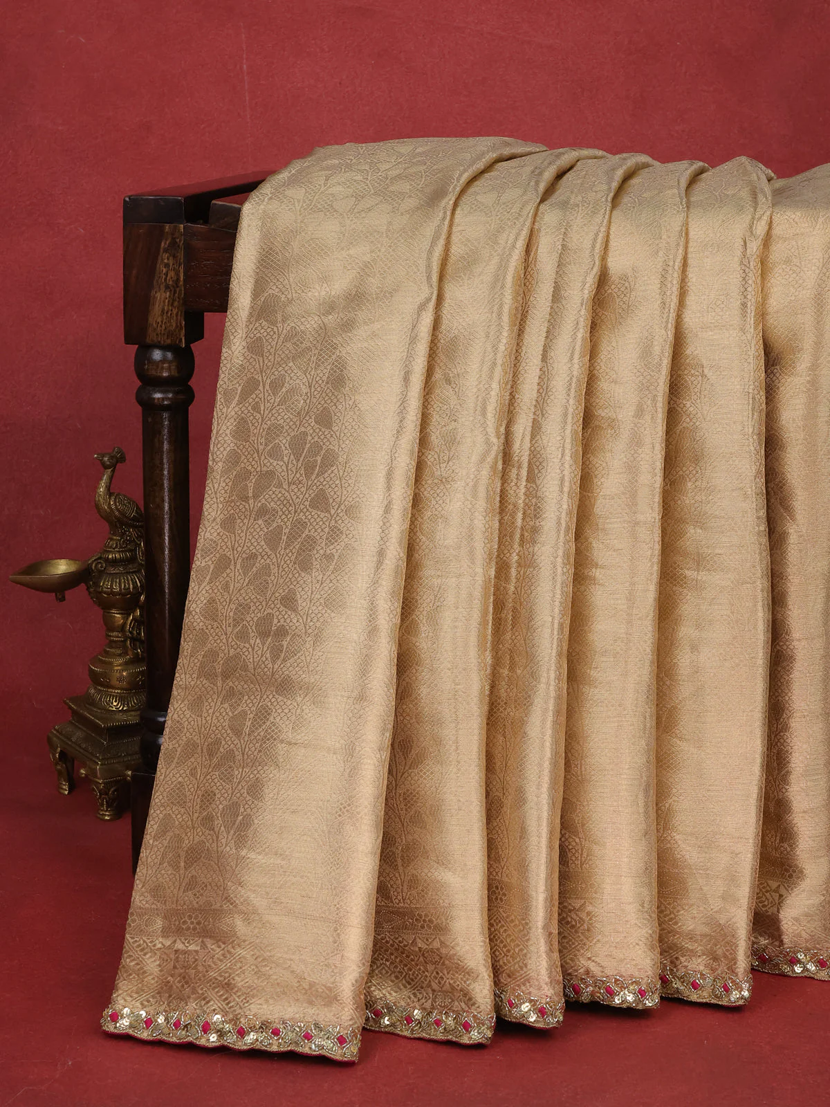 Golden Banarasi Tissue Saree With Embroidery Readymade Blouse - Image 6