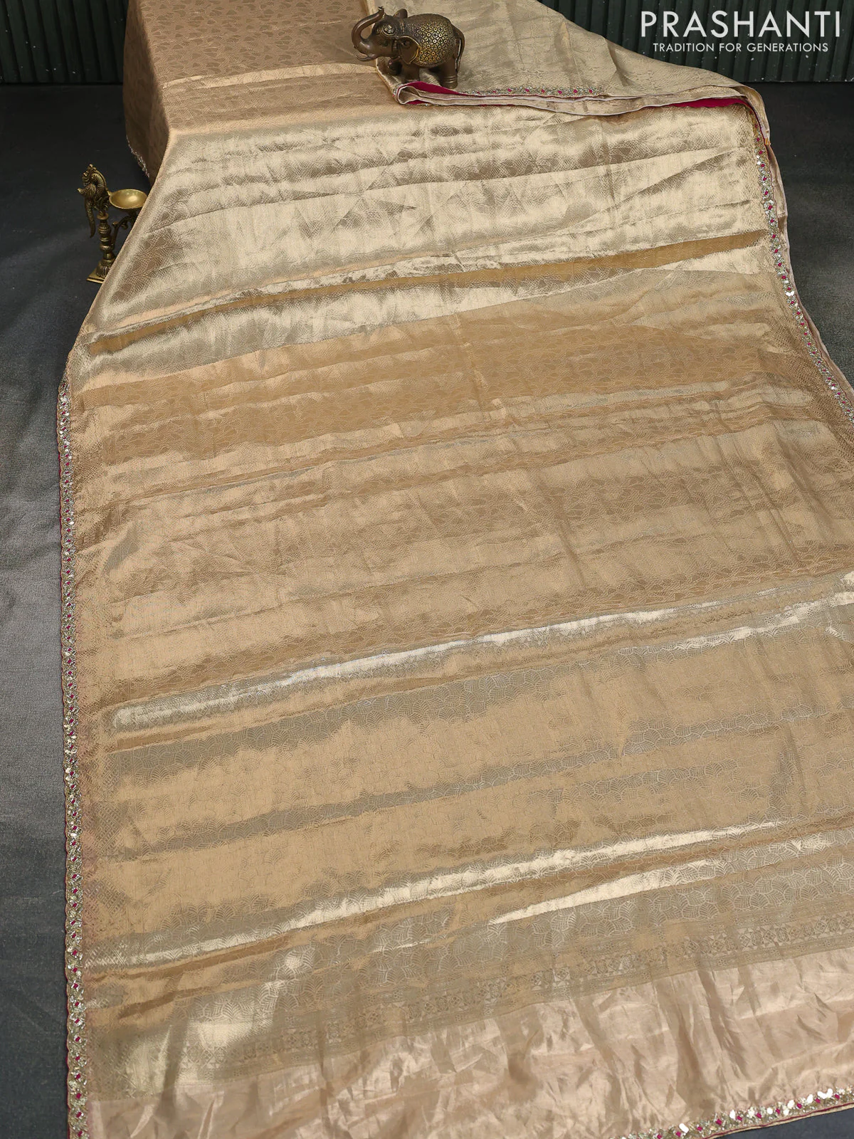 Golden Banarasi Tissue Saree With Embroidery Readymade Blouse - Image 7
