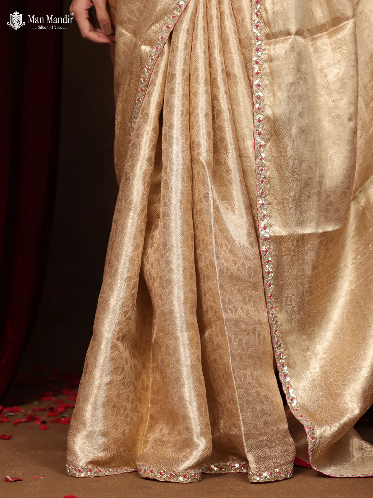 Golden Banarasi Tissue Saree With Embroidery Readymade Blouse - Image 9