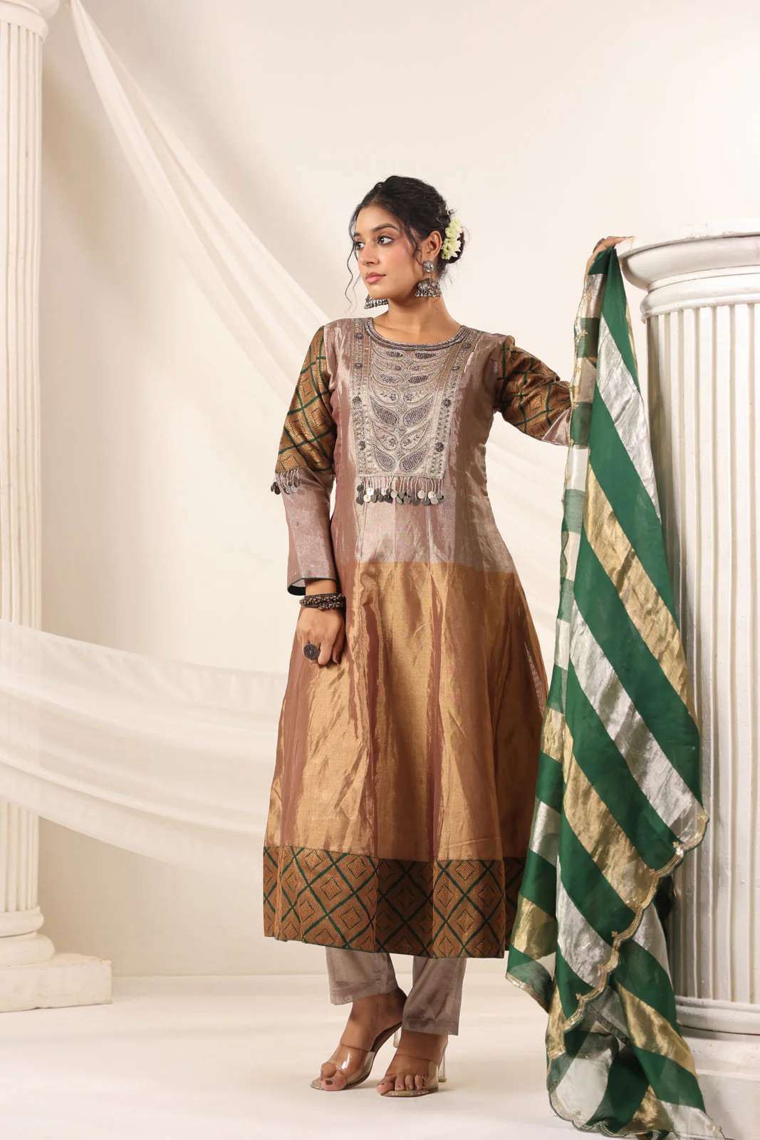 Golden Brown Tissue Silk Anarkali Salwar Suit With Rich Embroidery & Contrast Green Dupatta - Image 10