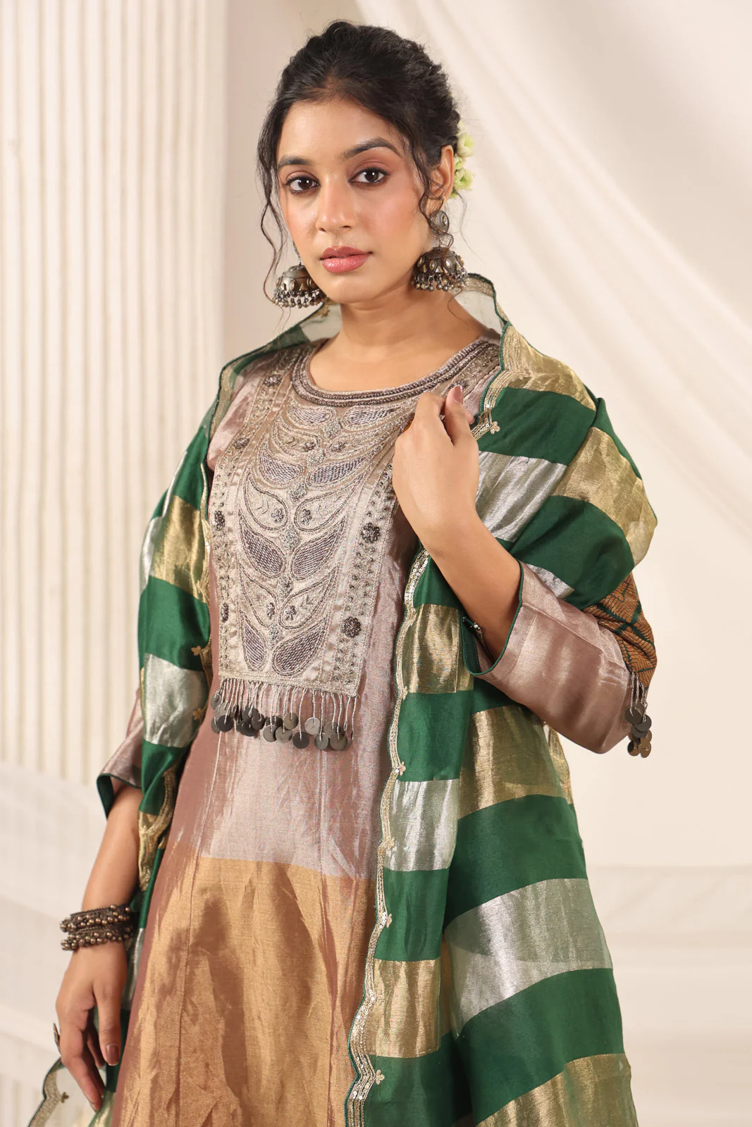 Golden Brown Tissue Silk Anarkali Salwar Suit With Rich Embroidery & Contrast Green Dupatta - Image 11