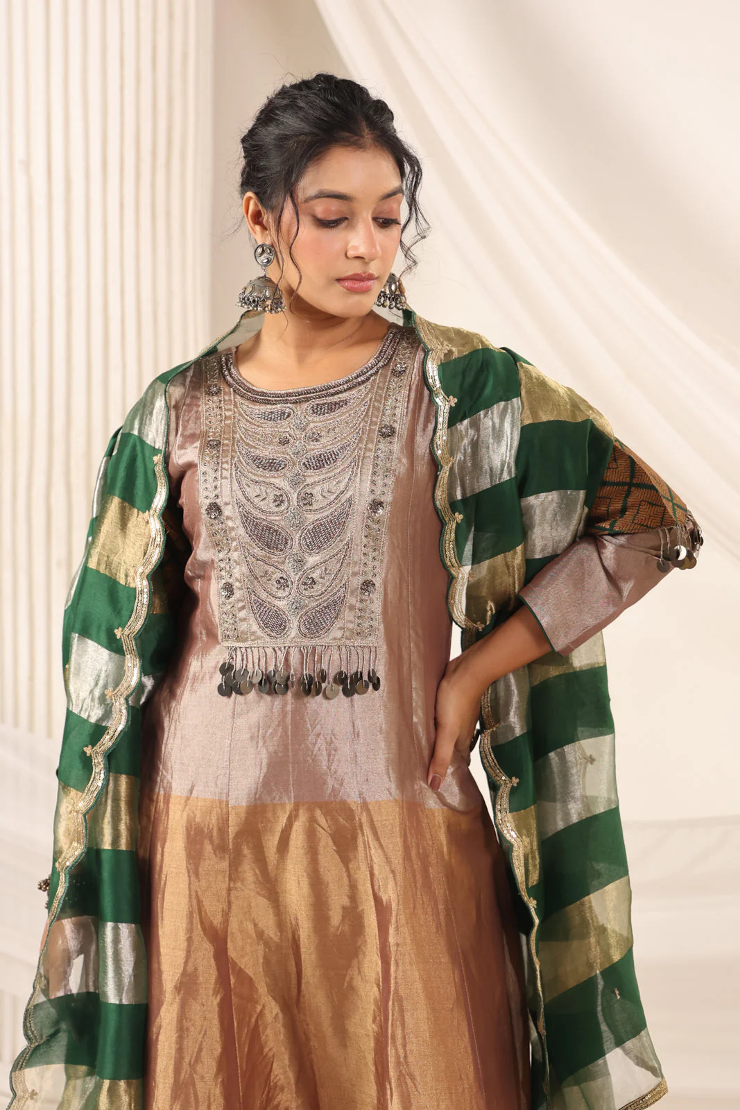 Golden Brown Tissue Silk Anarkali Salwar Suit With Rich Embroidery & Contrast Green Dupatta - Image 12