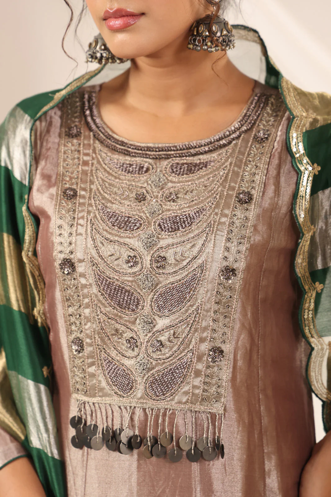 Golden Brown Tissue Silk Anarkali Salwar Suit With Rich Embroidery & Contrast Green Dupatta - Image 13