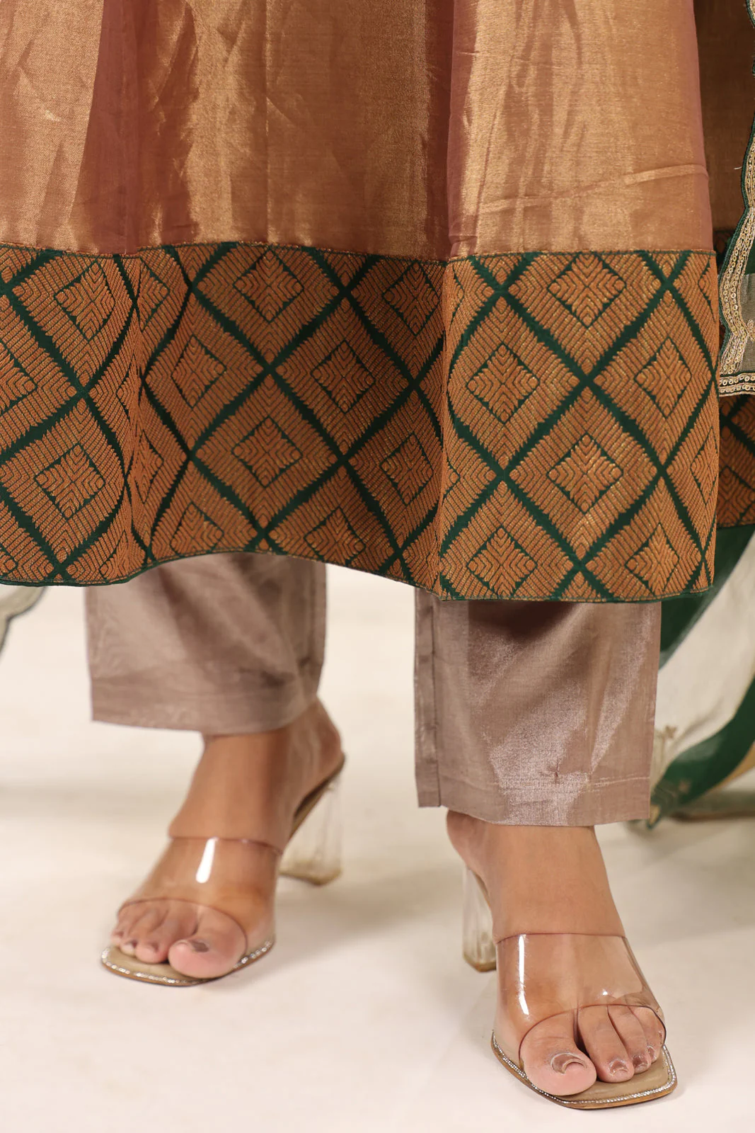 Golden Brown Tissue Silk Anarkali Salwar Suit With Rich Embroidery & Contrast Green Dupatta - Image 14