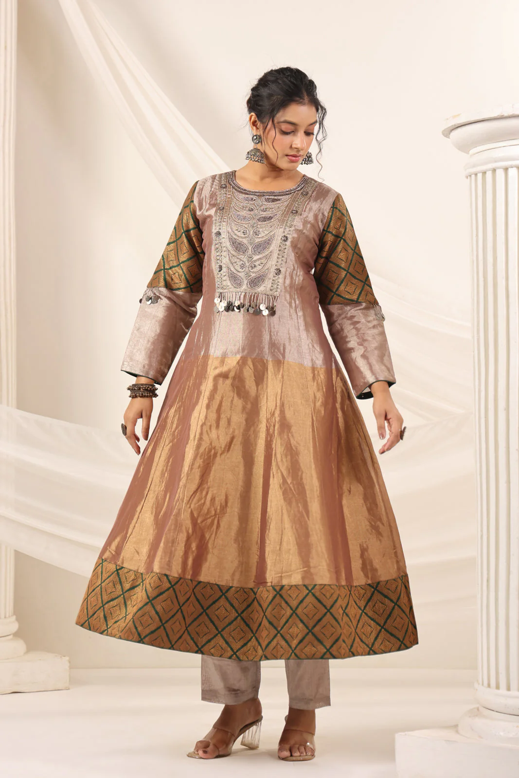 Golden Brown Tissue Silk Anarkali Salwar Suit With Rich Embroidery & Contrast Green Dupatta - Image 15
