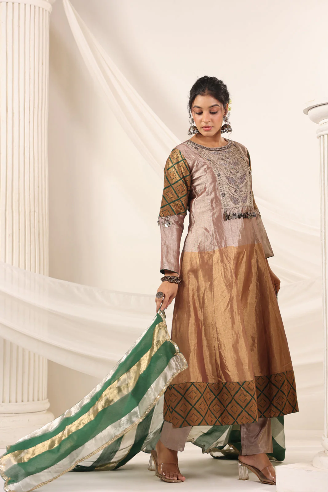 Golden Brown Tissue Silk Anarkali Salwar Suit With Rich Embroidery & Contrast Green Dupatta - Image 3