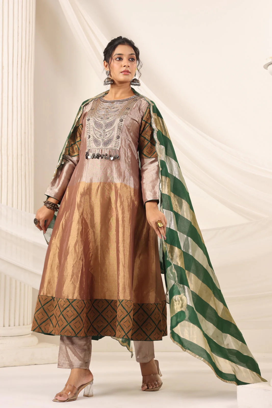 Golden Brown Tissue Silk Anarkali Salwar Suit With Rich Embroidery & Contrast Green Dupatta - Image 4