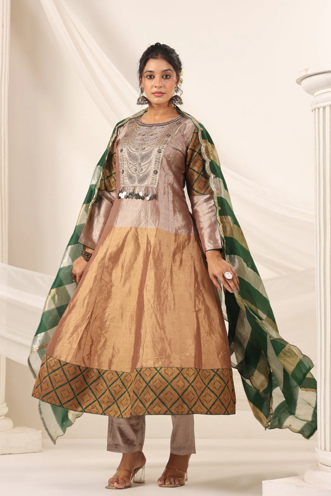 Golden Brown Tissue Silk Anarkali Salwar Suit With Rich Embroidery & Contrast Green Dupatta - Image 5
