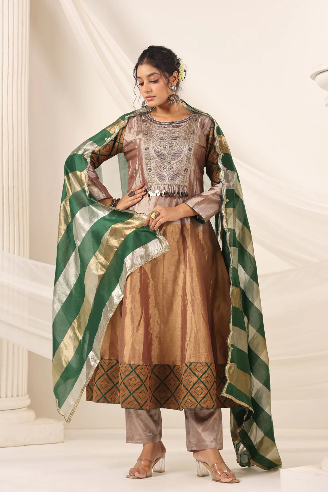 Golden Brown Tissue Silk Anarkali Salwar Suit With Rich Embroidery & Contrast Green Dupatta - Image 6