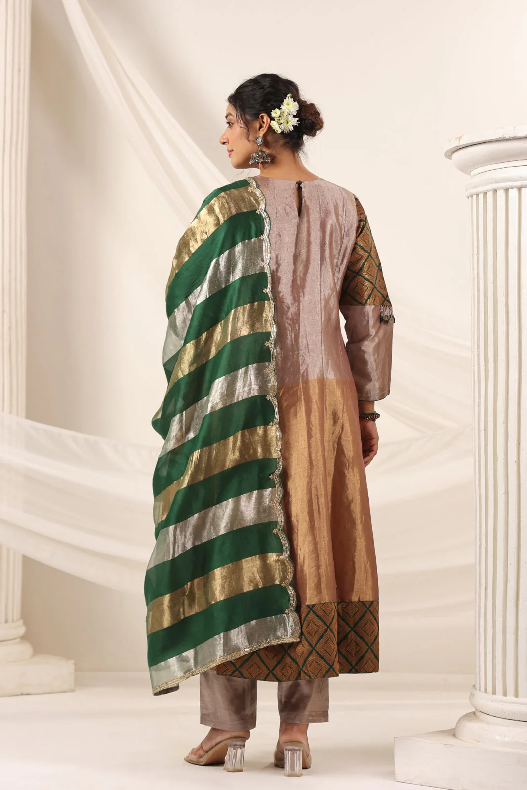 Golden Brown Tissue Silk Anarkali Salwar Suit With Rich Embroidery & Contrast Green Dupatta - Image 7