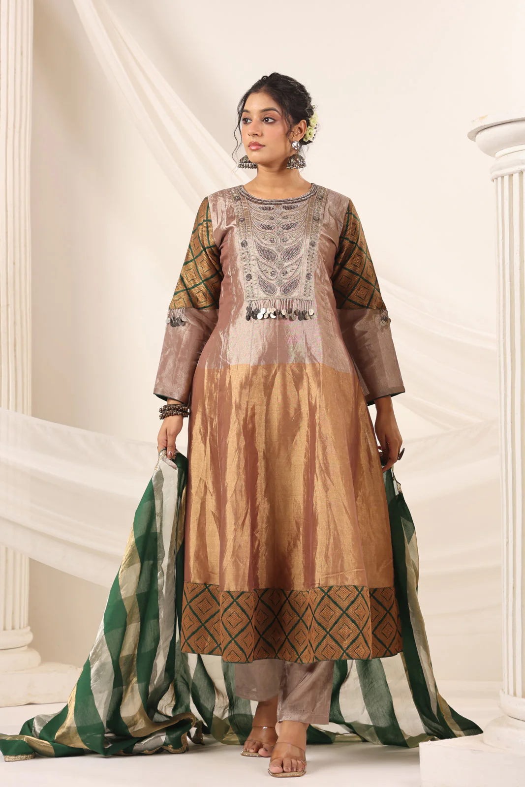 Golden Brown Tissue Silk Anarkali Salwar Suit With Rich Embroidery & Contrast Green Dupatta - Image 8