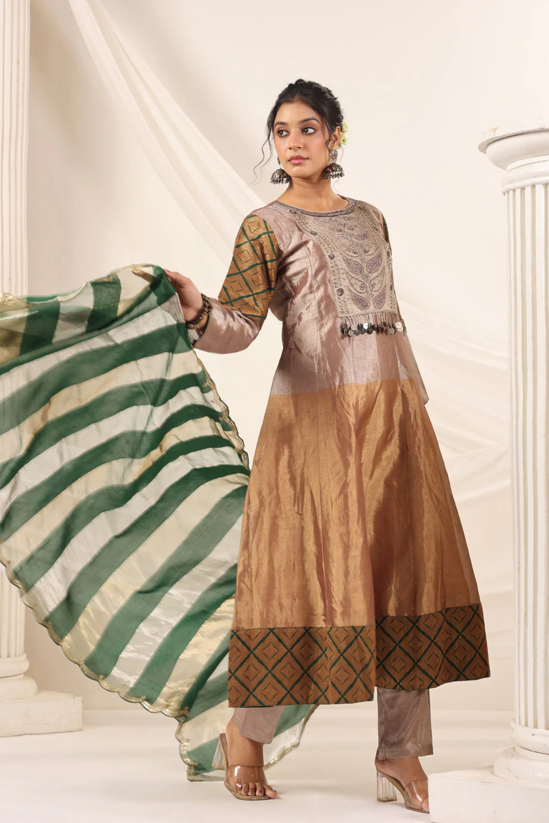 Golden Brown Tissue Silk Anarkali Salwar Suit With Rich Embroidery & Contrast Green Dupatta - Image 9