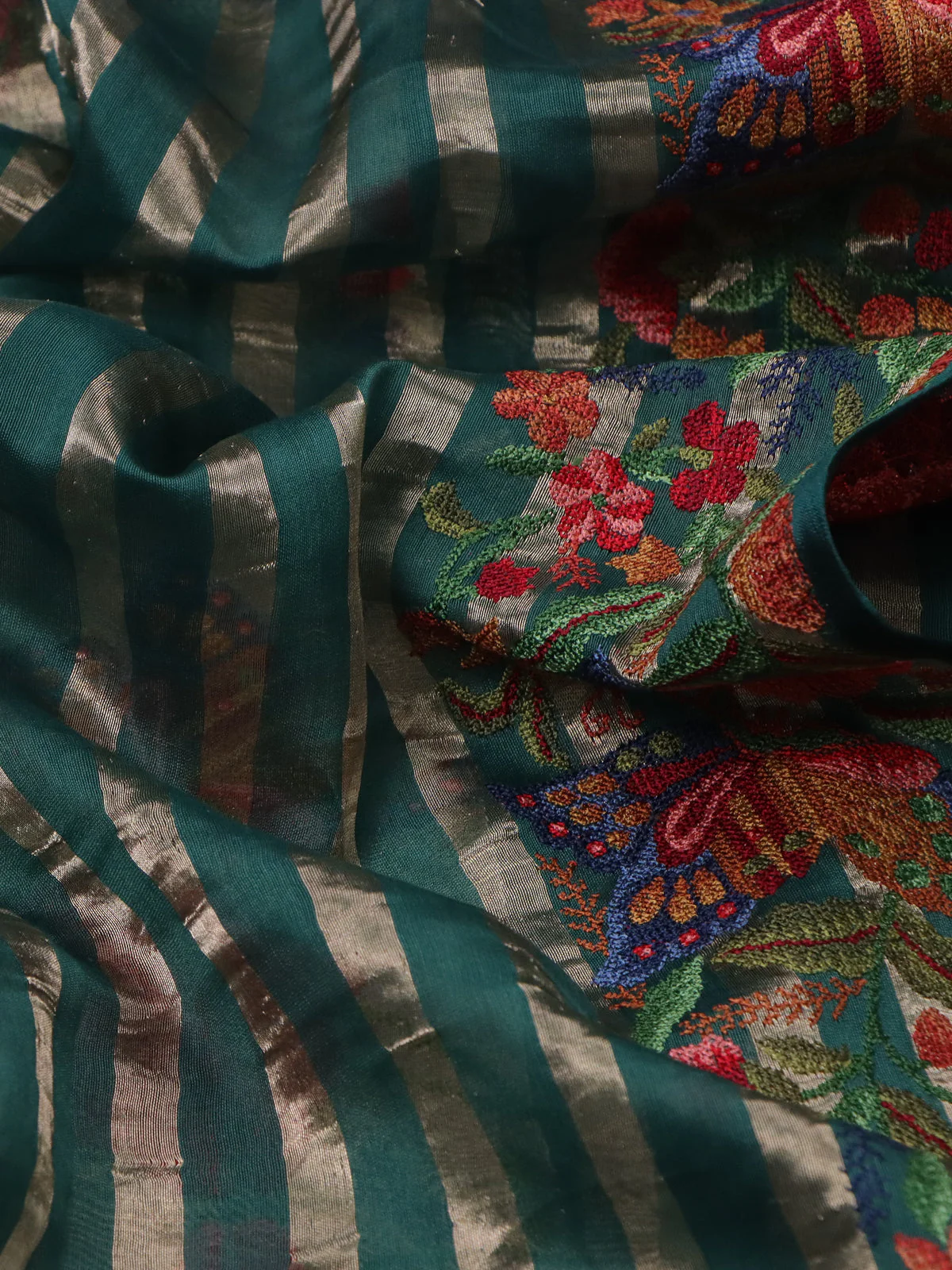 Green-Beige Chanderi Cotton Saree With Embroidery - Image 3