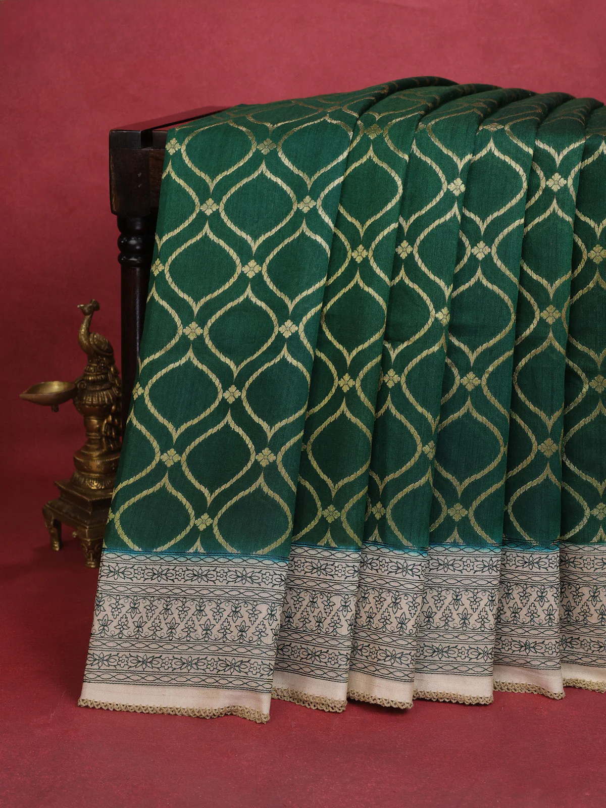 Green-Beige Chiniya Silk Saree With Zari Weaves & Embroided Border