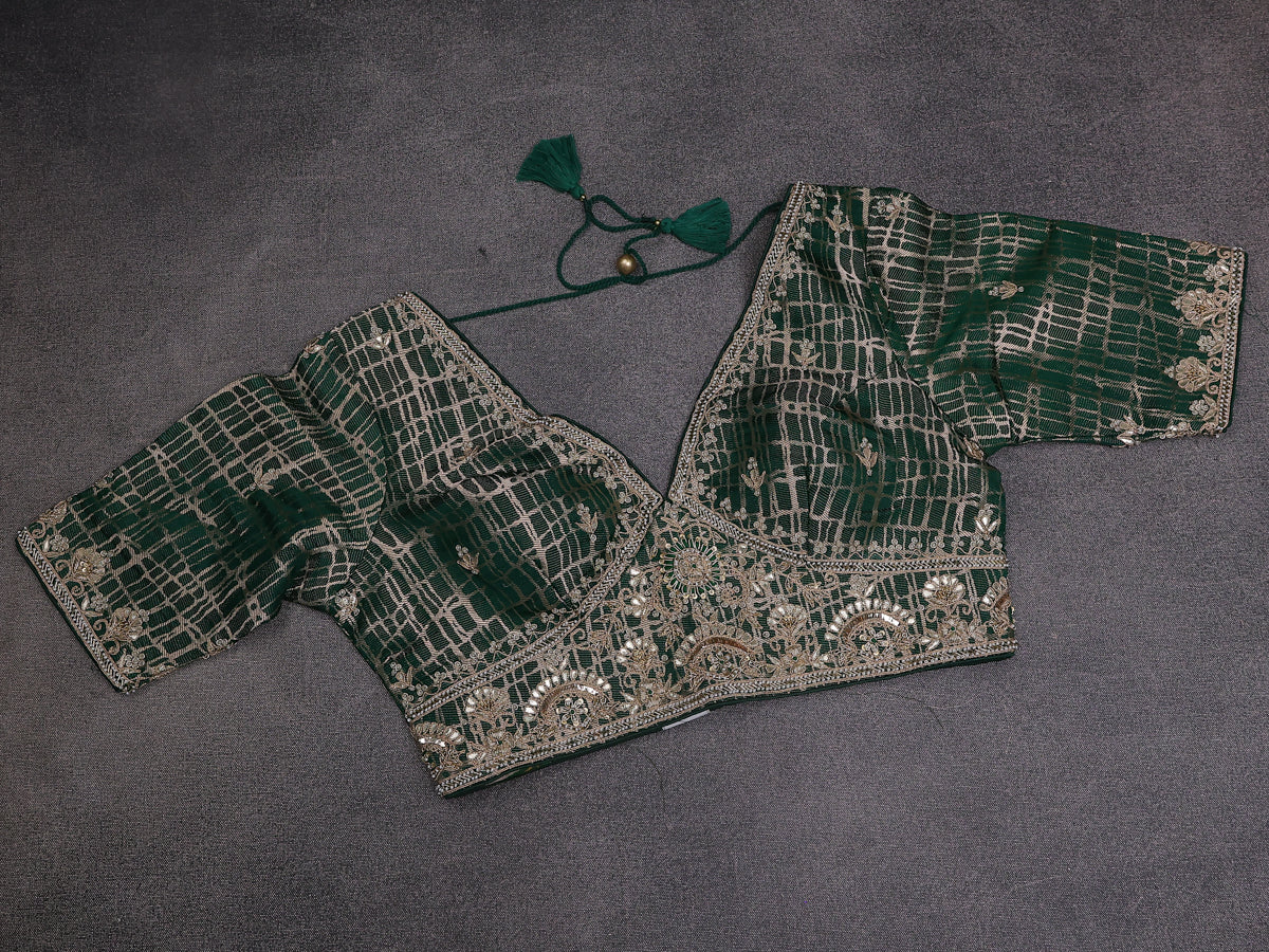 Green Chiniya Silk Saree With Embroidery Readymade Blouse - Image 6