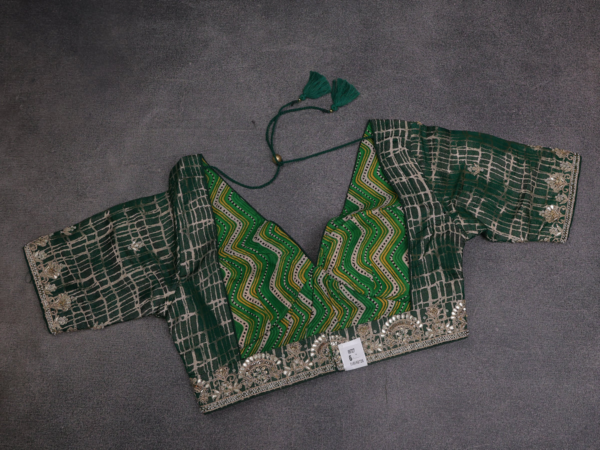 Green Chiniya Silk Saree With Embroidery Readymade Blouse - Image 7