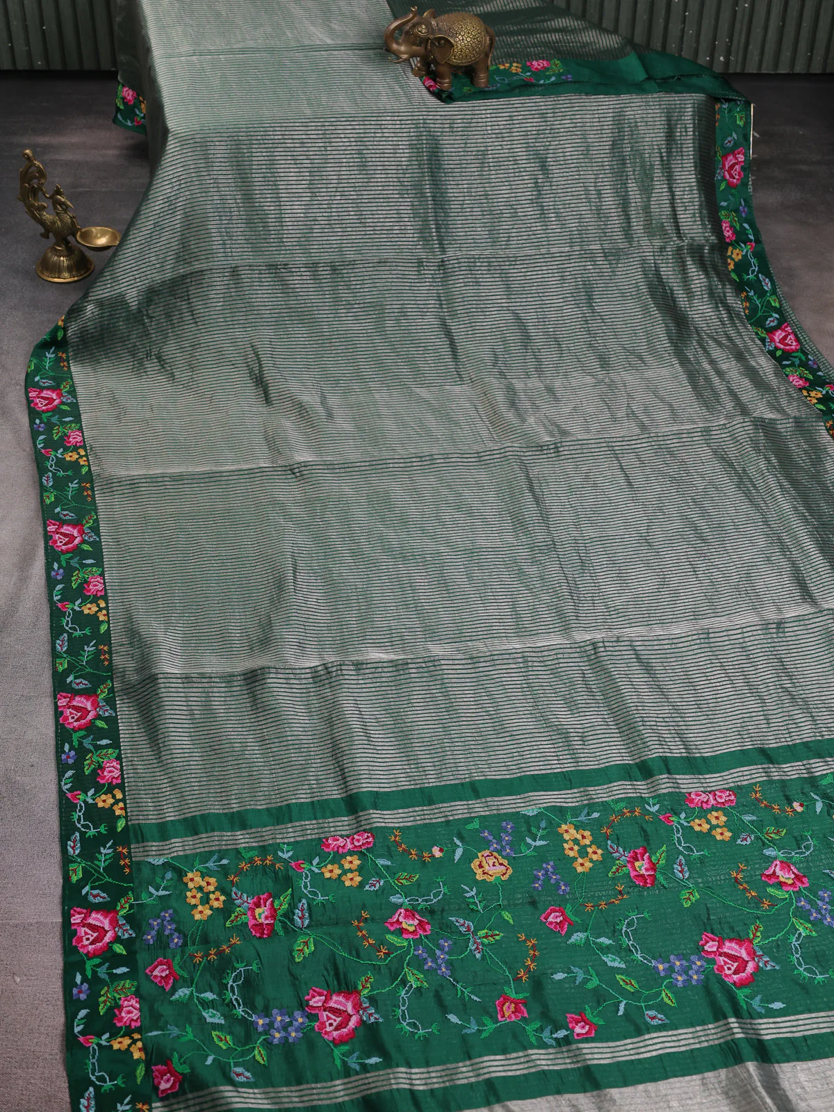 Green Embroidered Banarasi Silk Saree - Image 2
