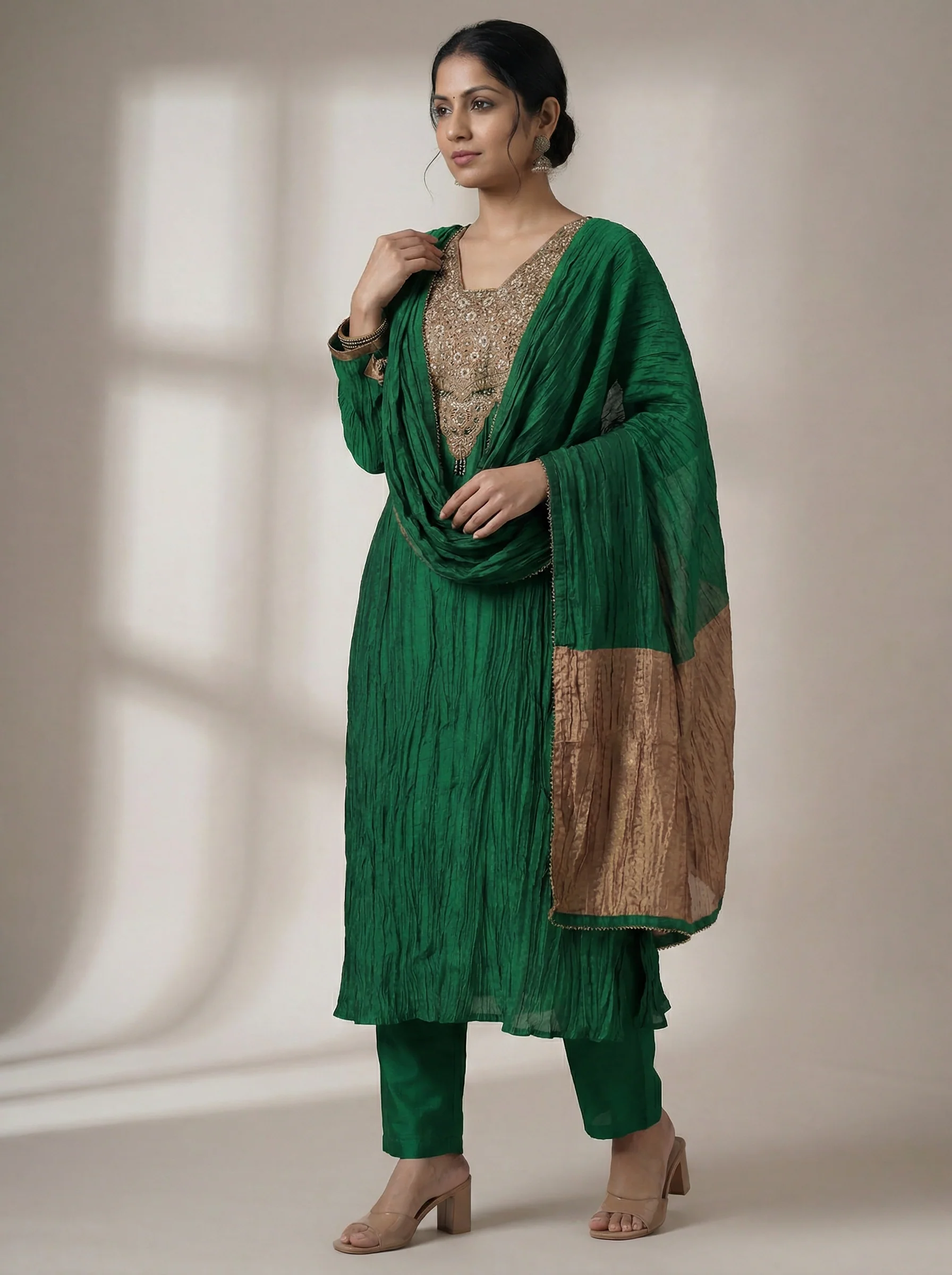 Green Embroidered Silk Anarkali Suit With Pant And Dupatta - Image 3