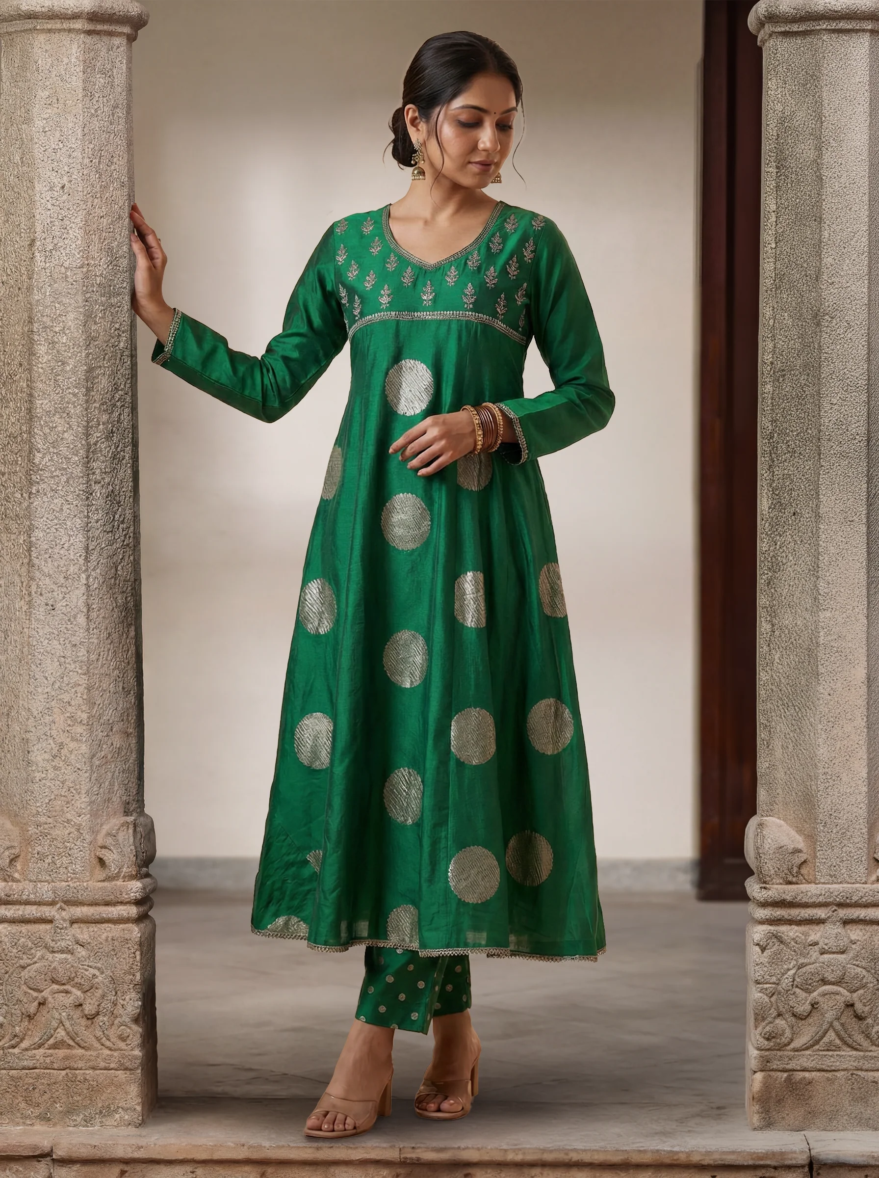 Green Raw Silk Embroidered Neck Line Anarkali Set With Pant And Dupatta - Image 2