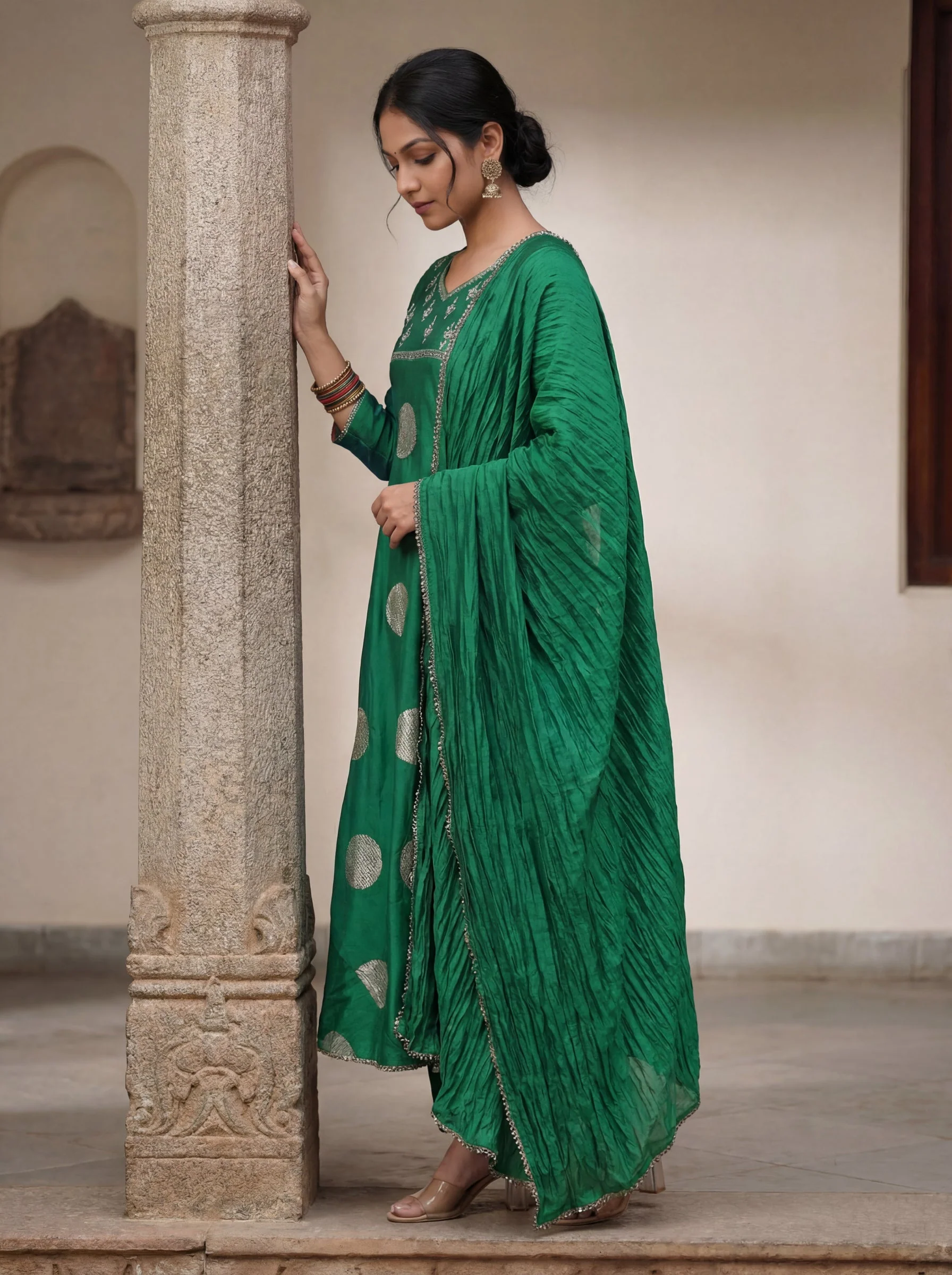Green Raw Silk Embroidered Neck Line Anarkali Set With Pant And Dupatta - Image 3