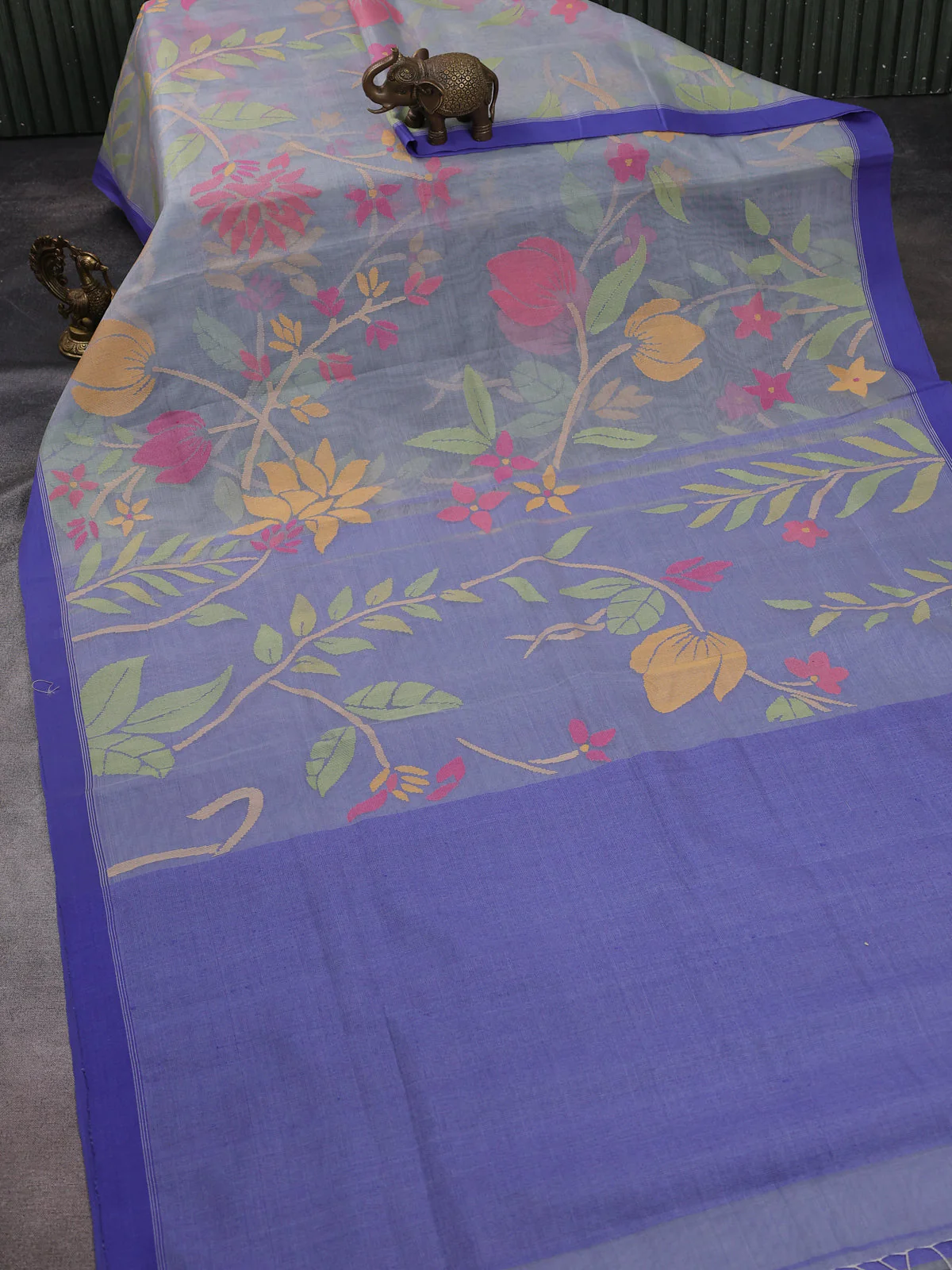 Grey -Blue Banarasi Dhakai Kora Silk Saree - Image 2