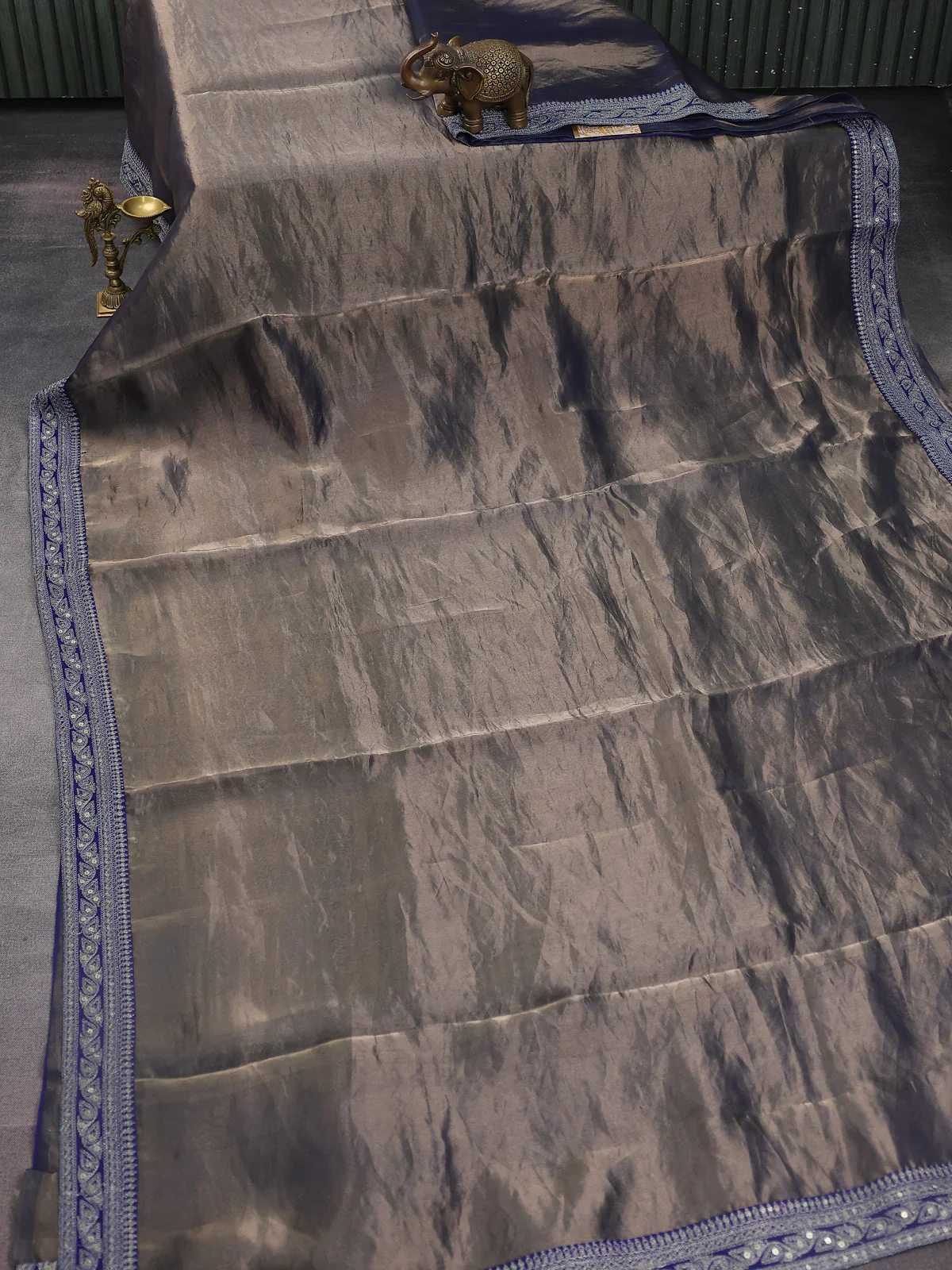 Grey-Blue Tissue Silk Saree - Image 2