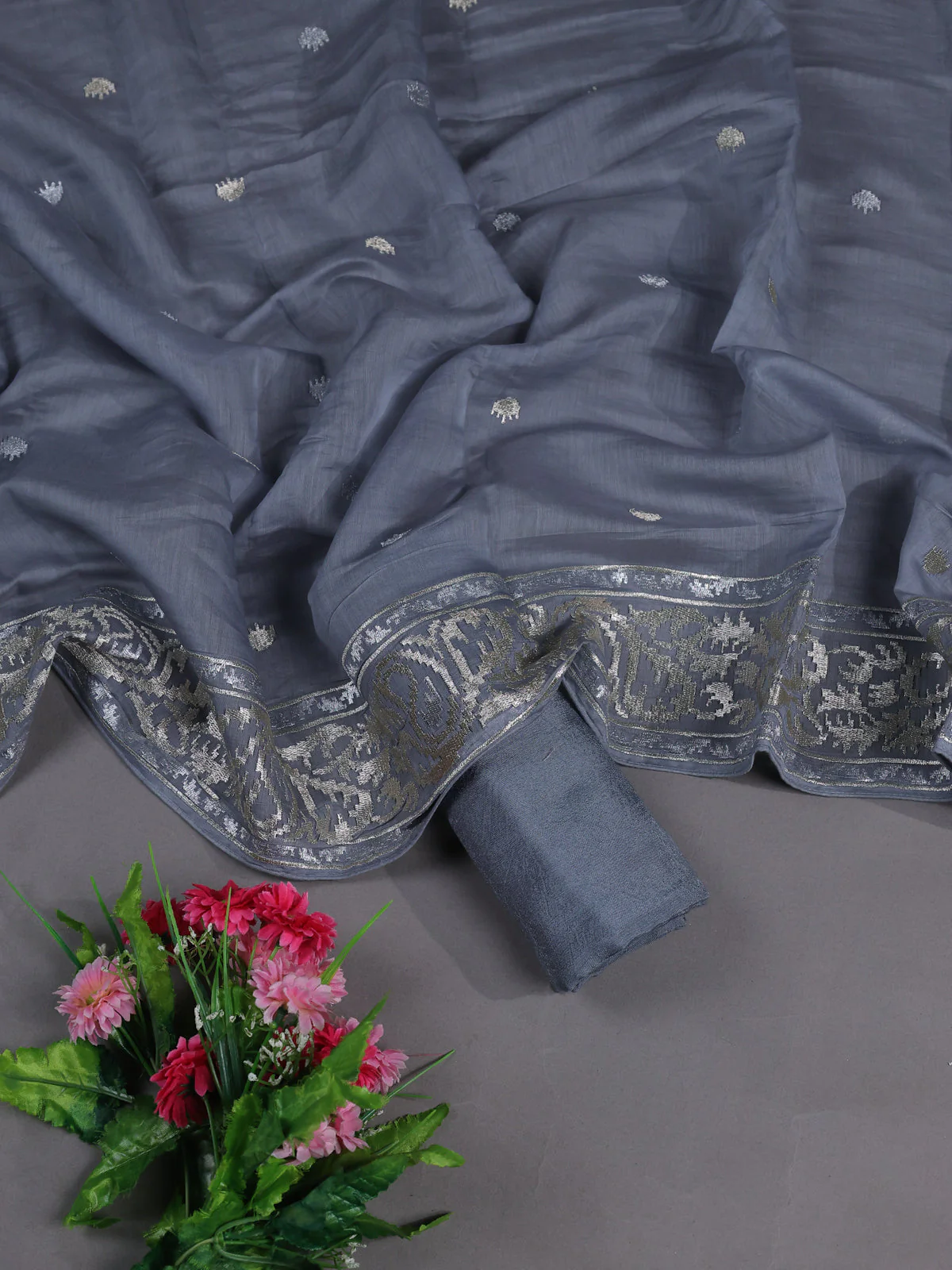 Grey Mul Chanderi Semi Stitched Suit - Image 2