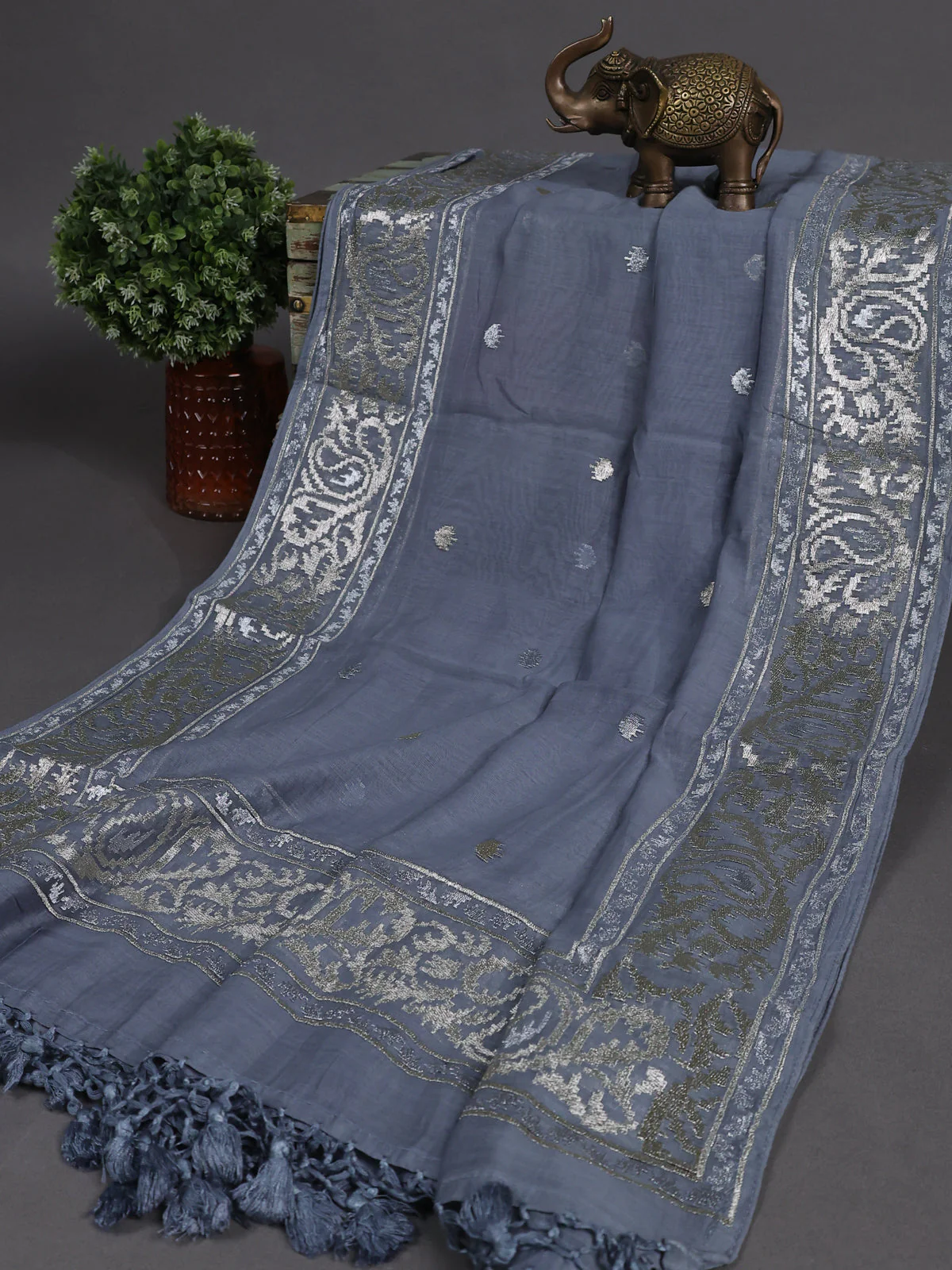 Grey Mul Chanderi Semi Stitched Suit - Image 3