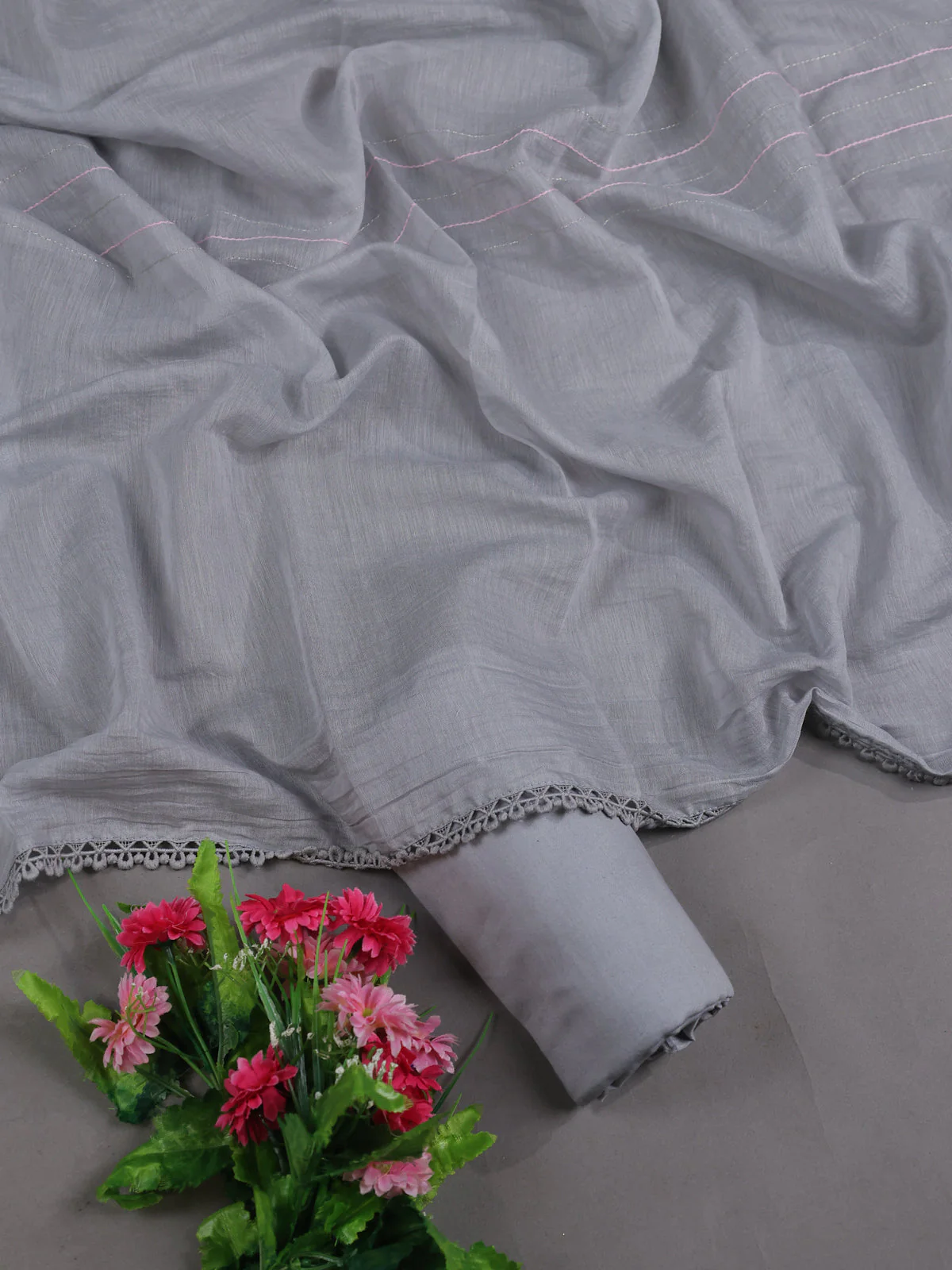 Grey Mul Chanderi Unstitched Suit - Image 2