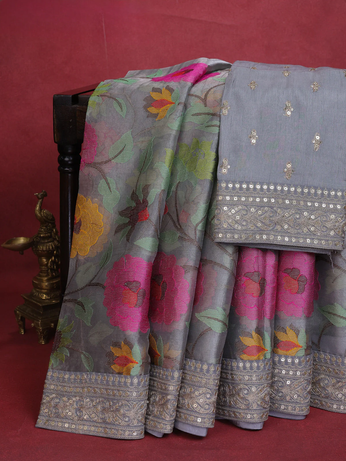 Grey Organza Tissue Saree With Allover Floral Embroidery & Sequin Work Border
