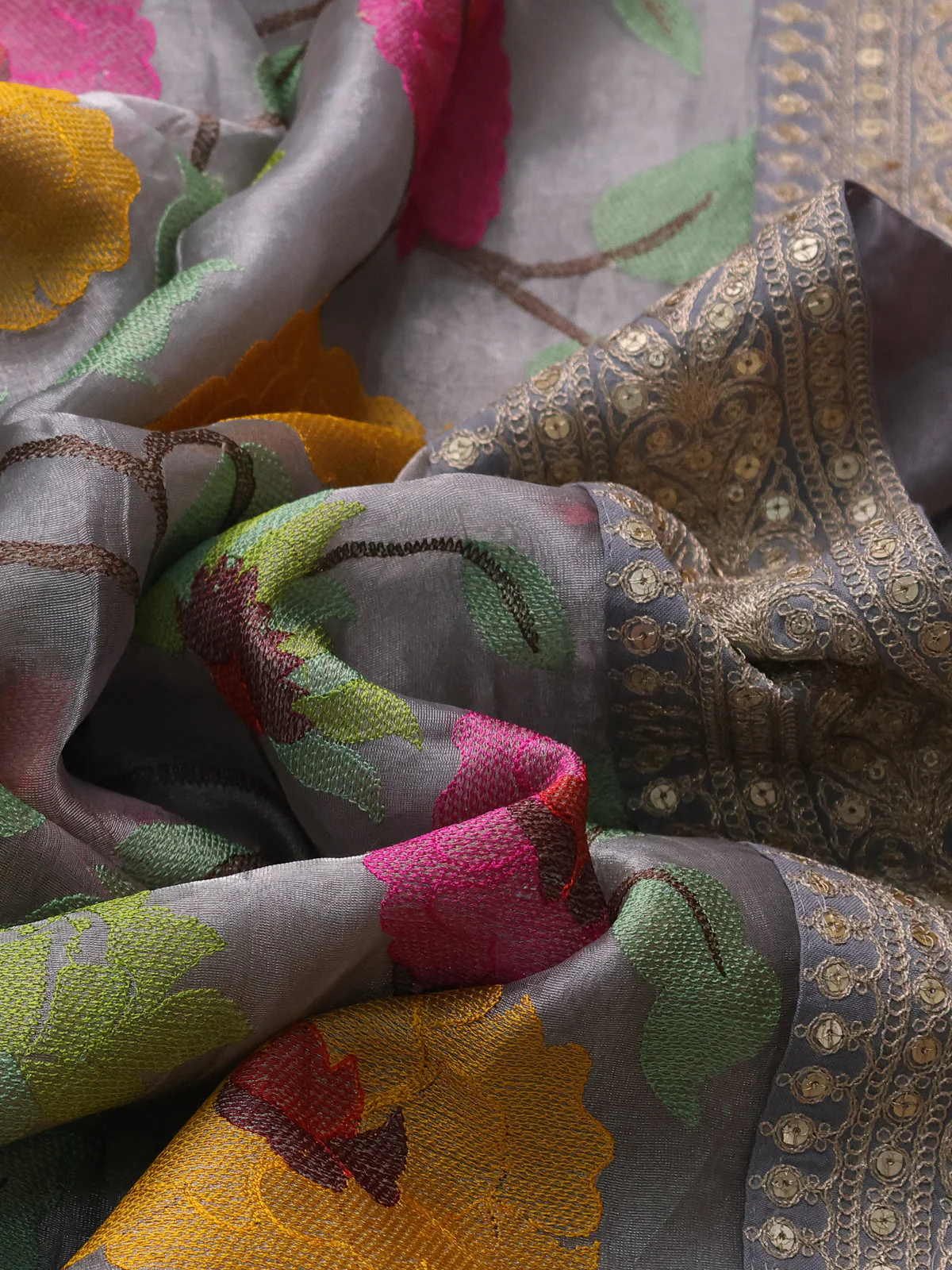 Grey Organza Tissue Saree With Allover Floral Embroidery & Sequin Work Border - Image 3